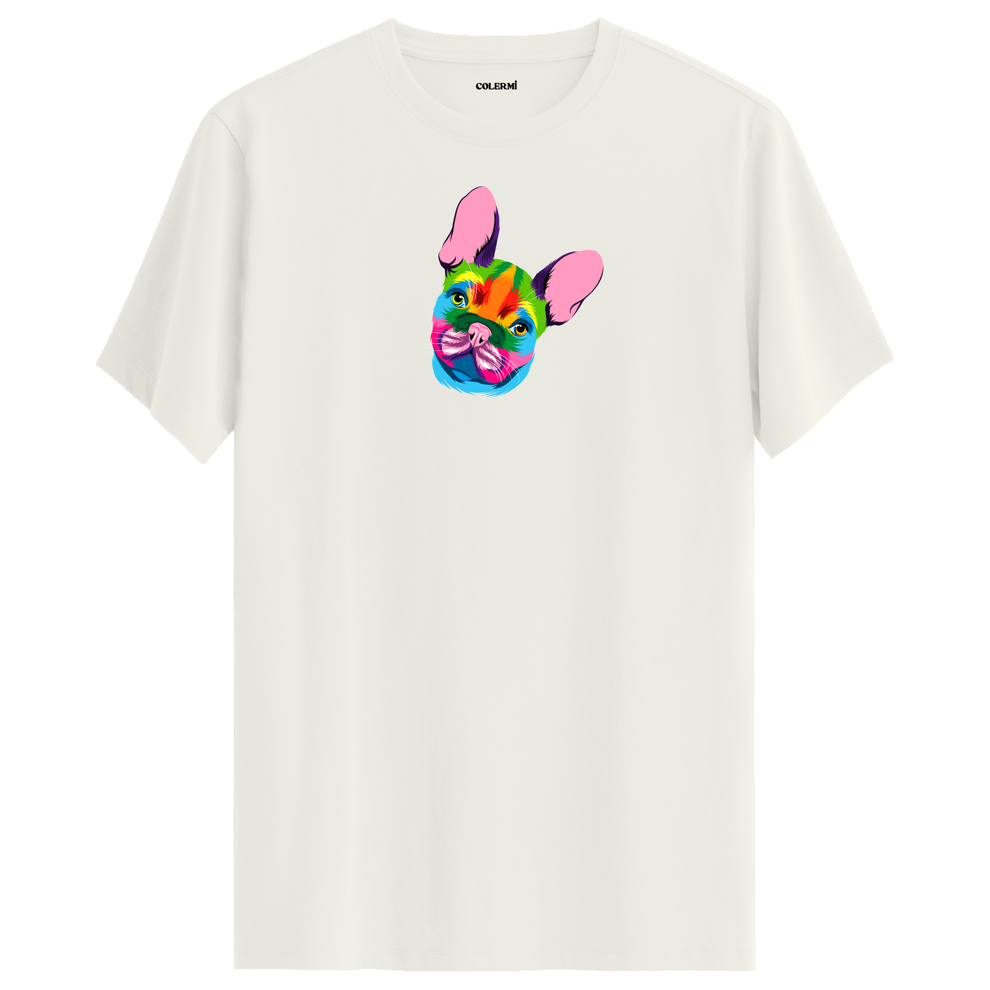 Ekru tişört üzerinde renkli Coco Fransız Bulldog baskısı