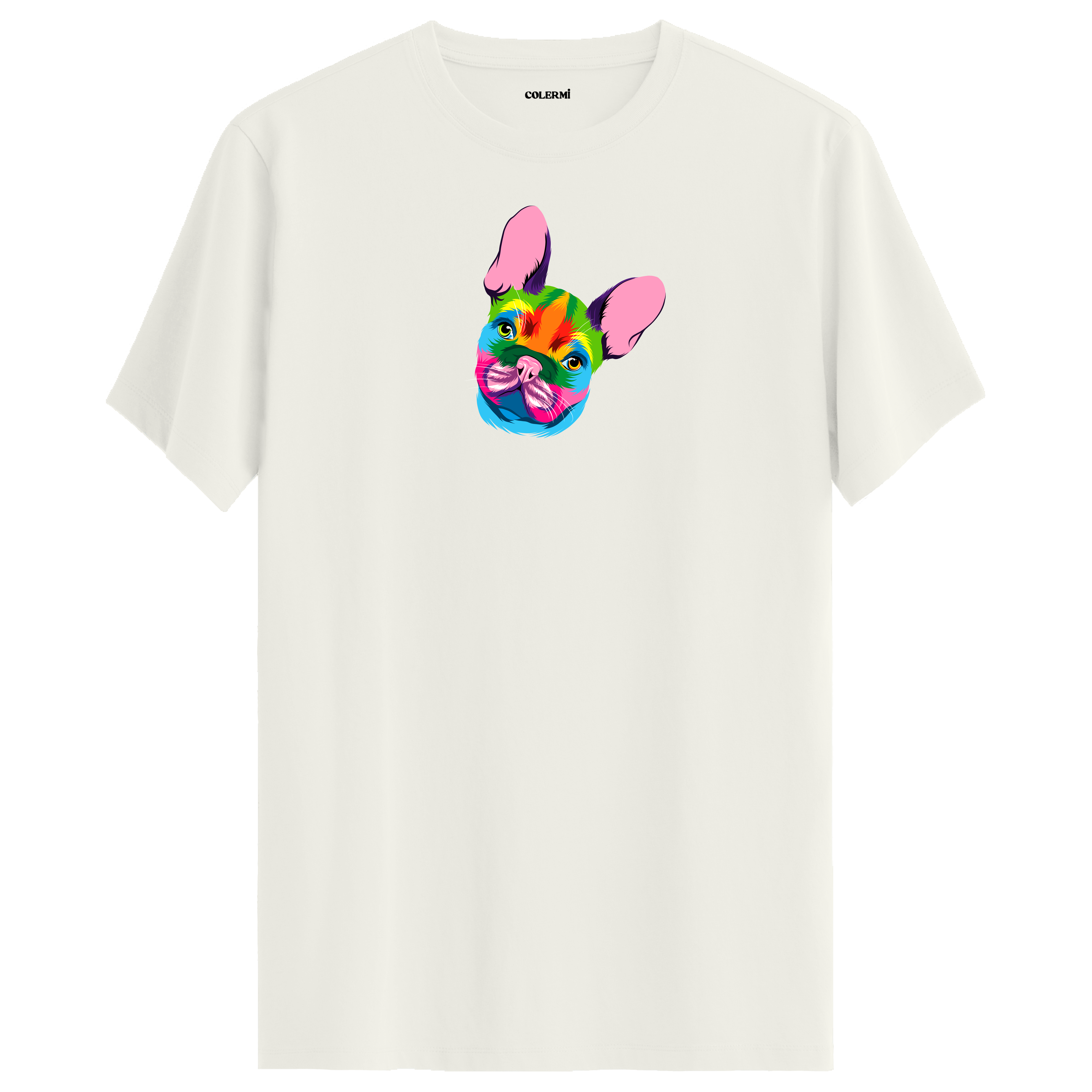 Ekru tişört üzerinde renkli Coco Fransız Bulldog baskısı