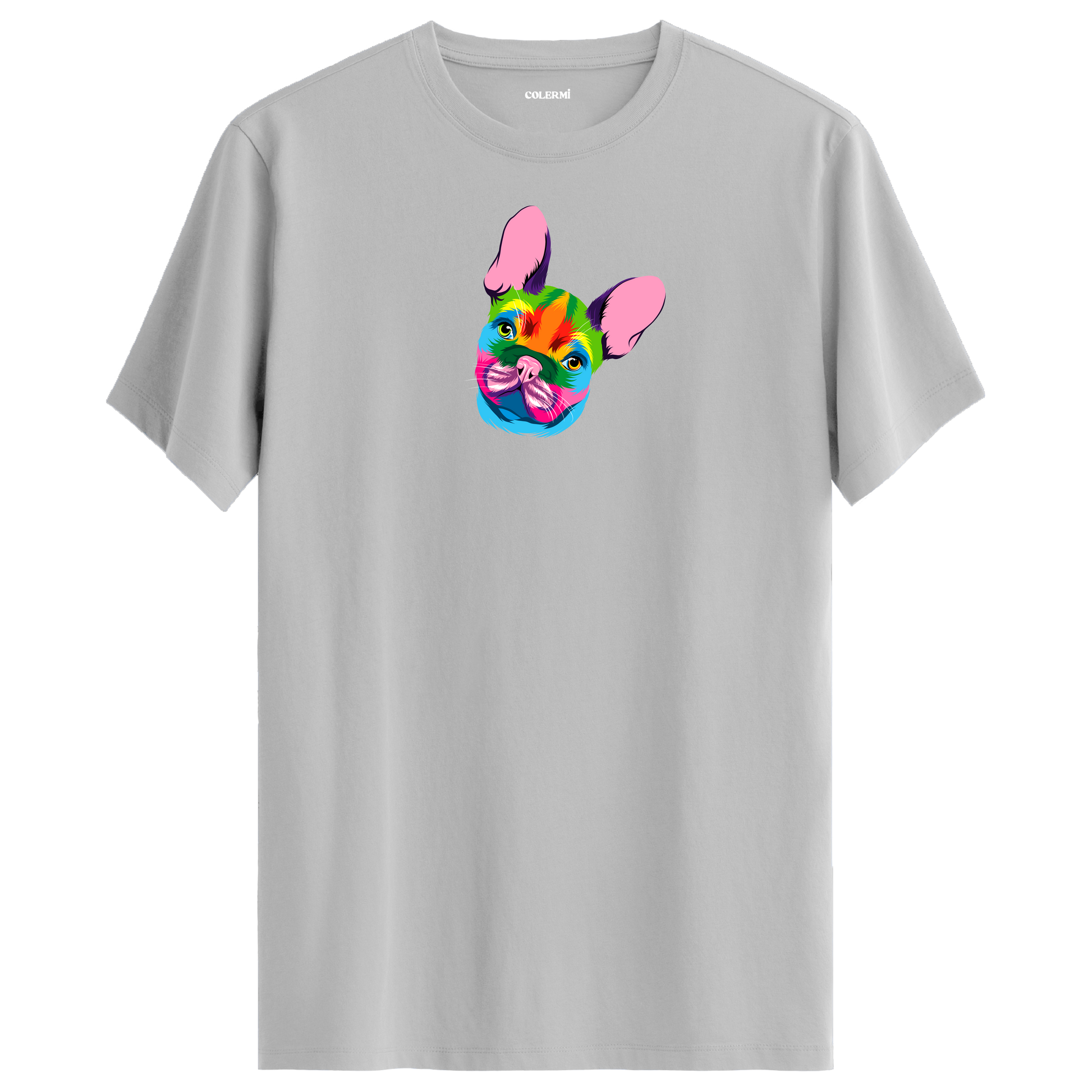 Gri tişört üzerinde renkli Coco Fransız Bulldog baskısı
