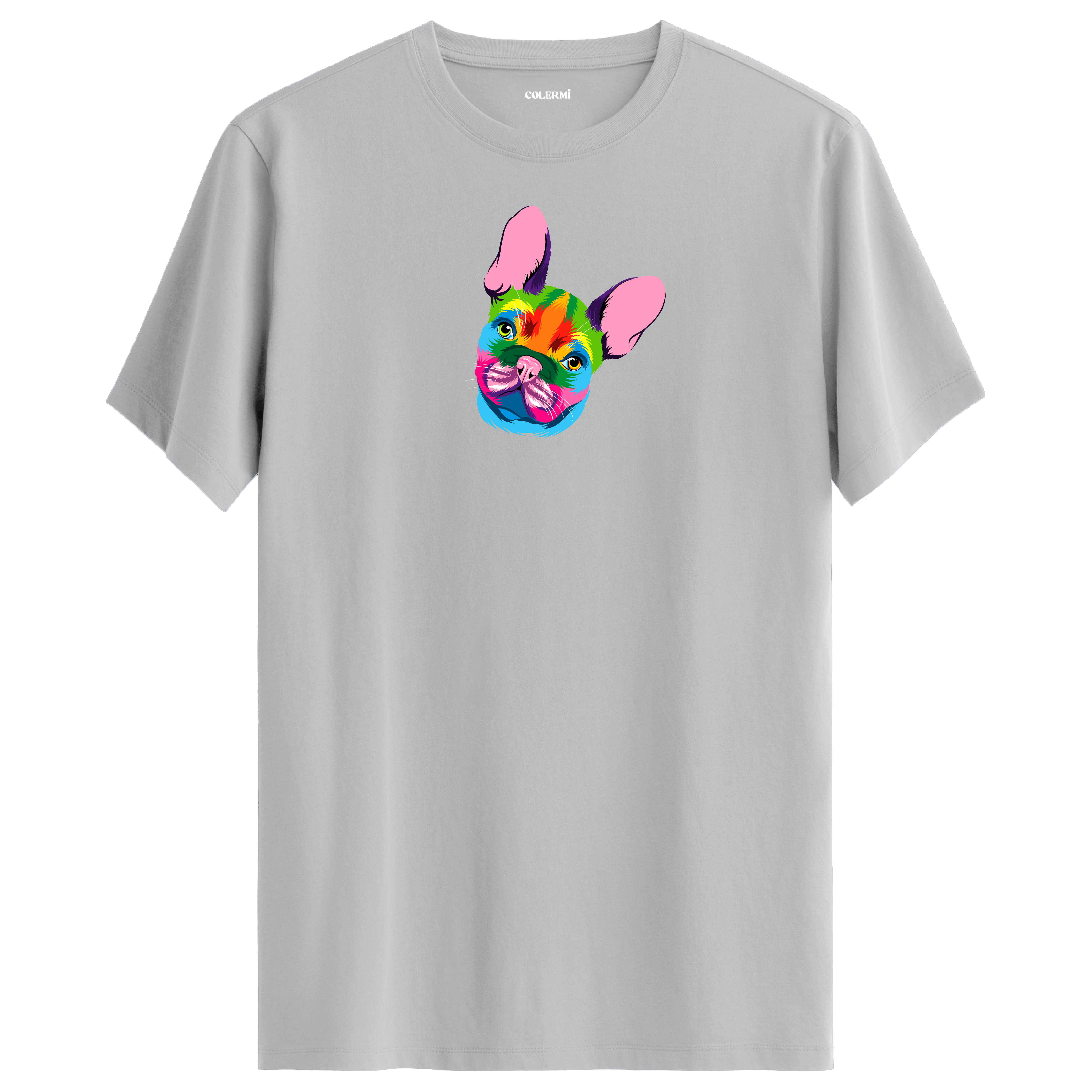 Gri tişört üzerinde renkli Coco Fransız Bulldog baskısı