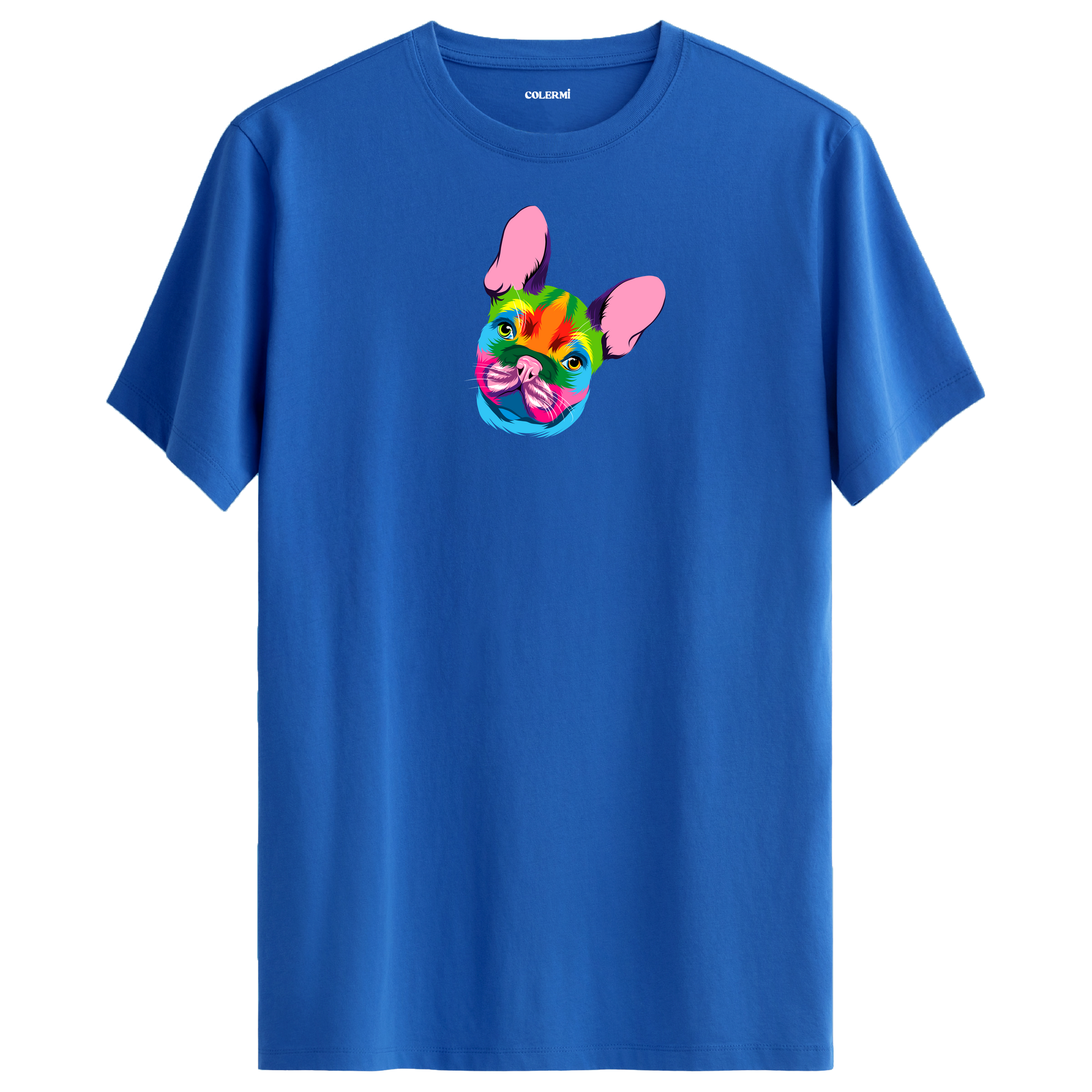 Mavi tişört üzerinde renkli Coco Fransız Bulldog baskısı