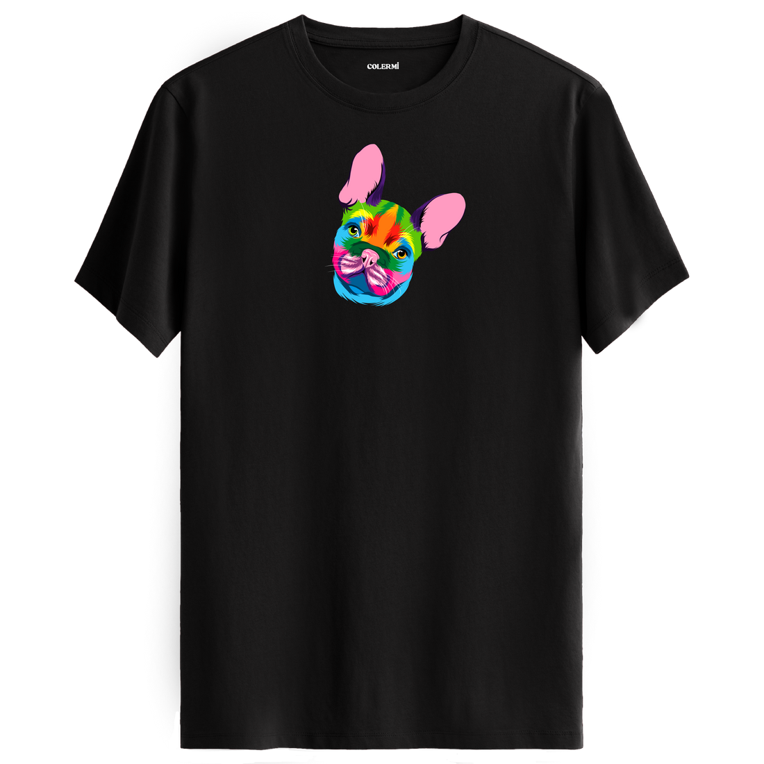 Siyah tişört üzerinde renkli Coco Fransız Bulldog baskısı