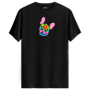 Siyah tişört üzerinde renkli Coco Fransız Bulldog baskısı