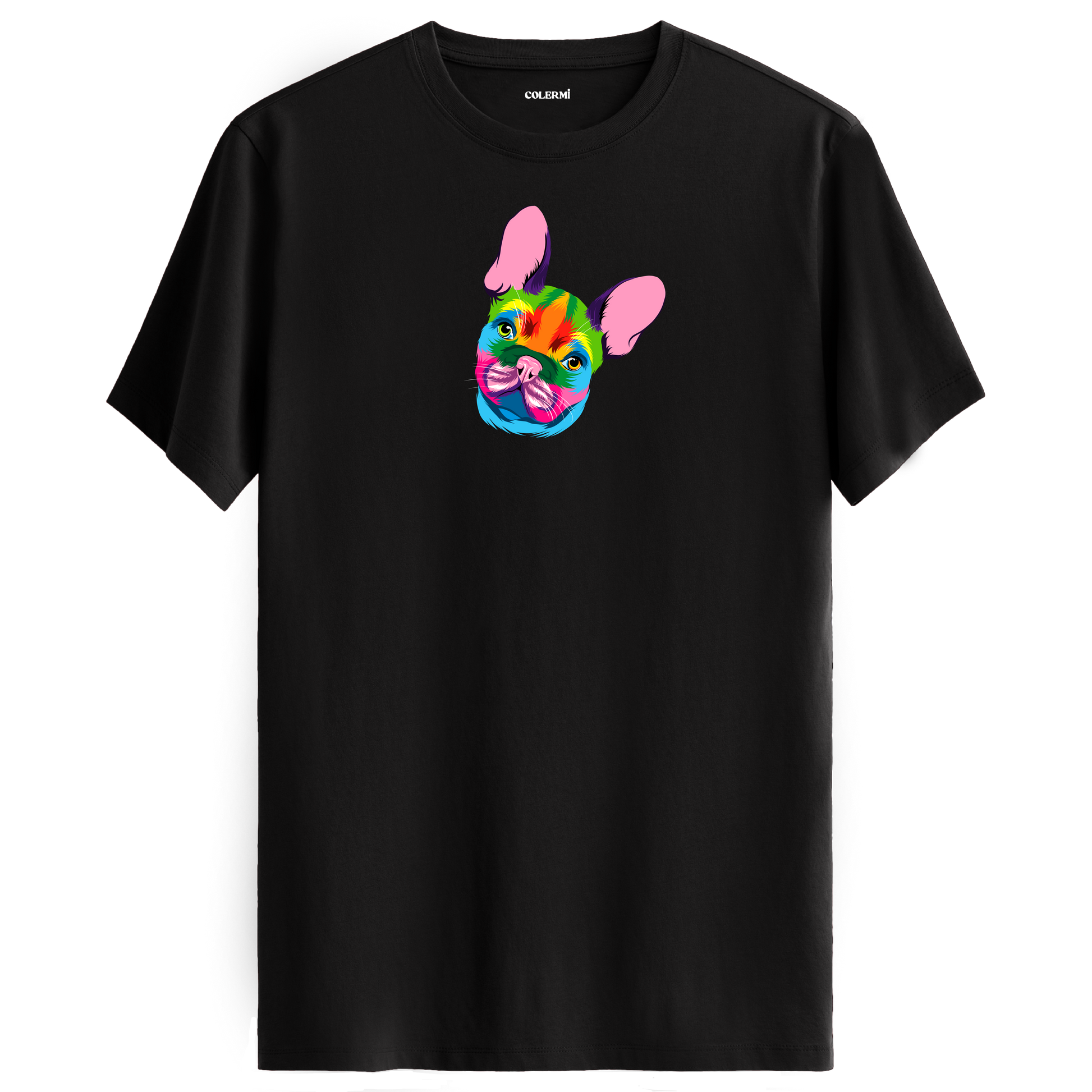Siyah tişört üzerinde renkli Coco Fransız Bulldog baskısı