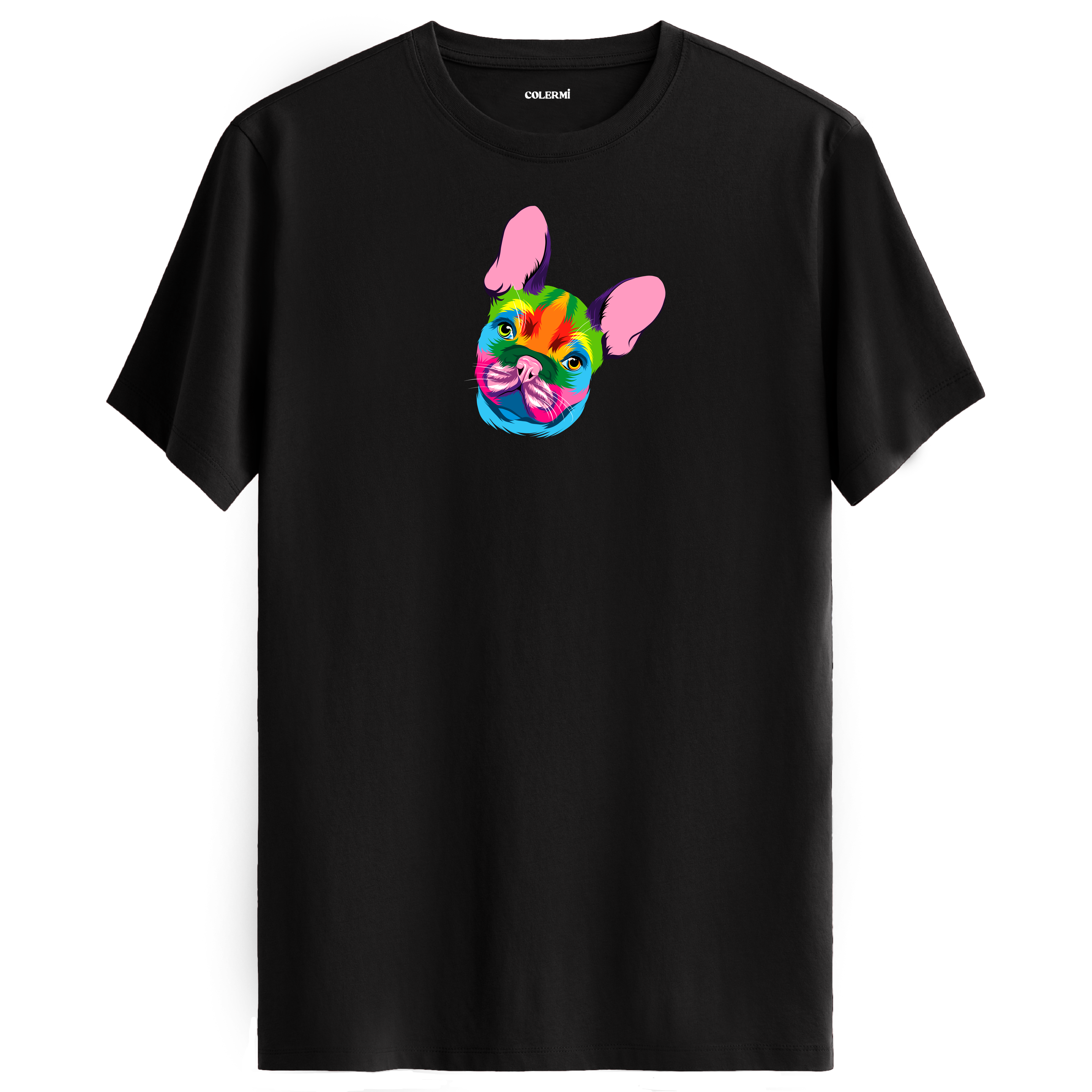 Siyah tişört üzerinde renkli Coco Fransız Bulldog baskısı