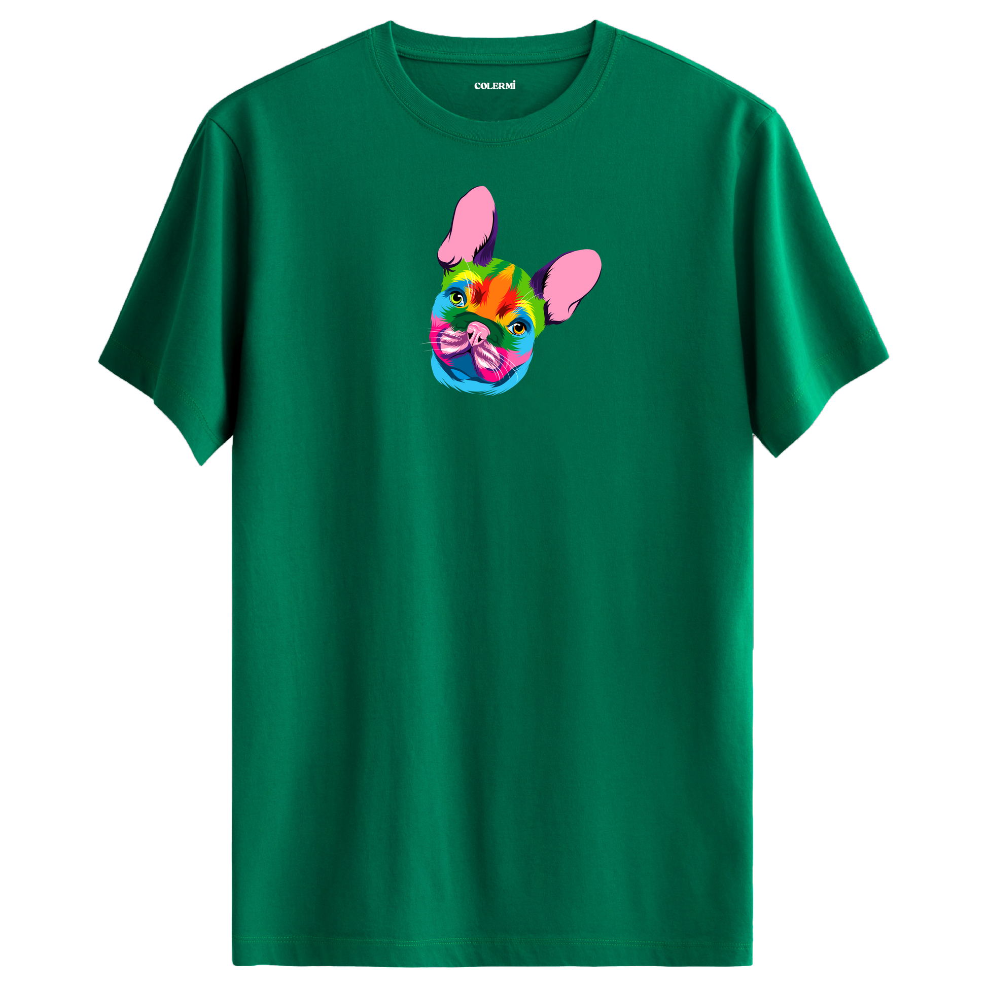 Yeşil tişört üzerinde renkli Coco Fransız Bulldog baskısı