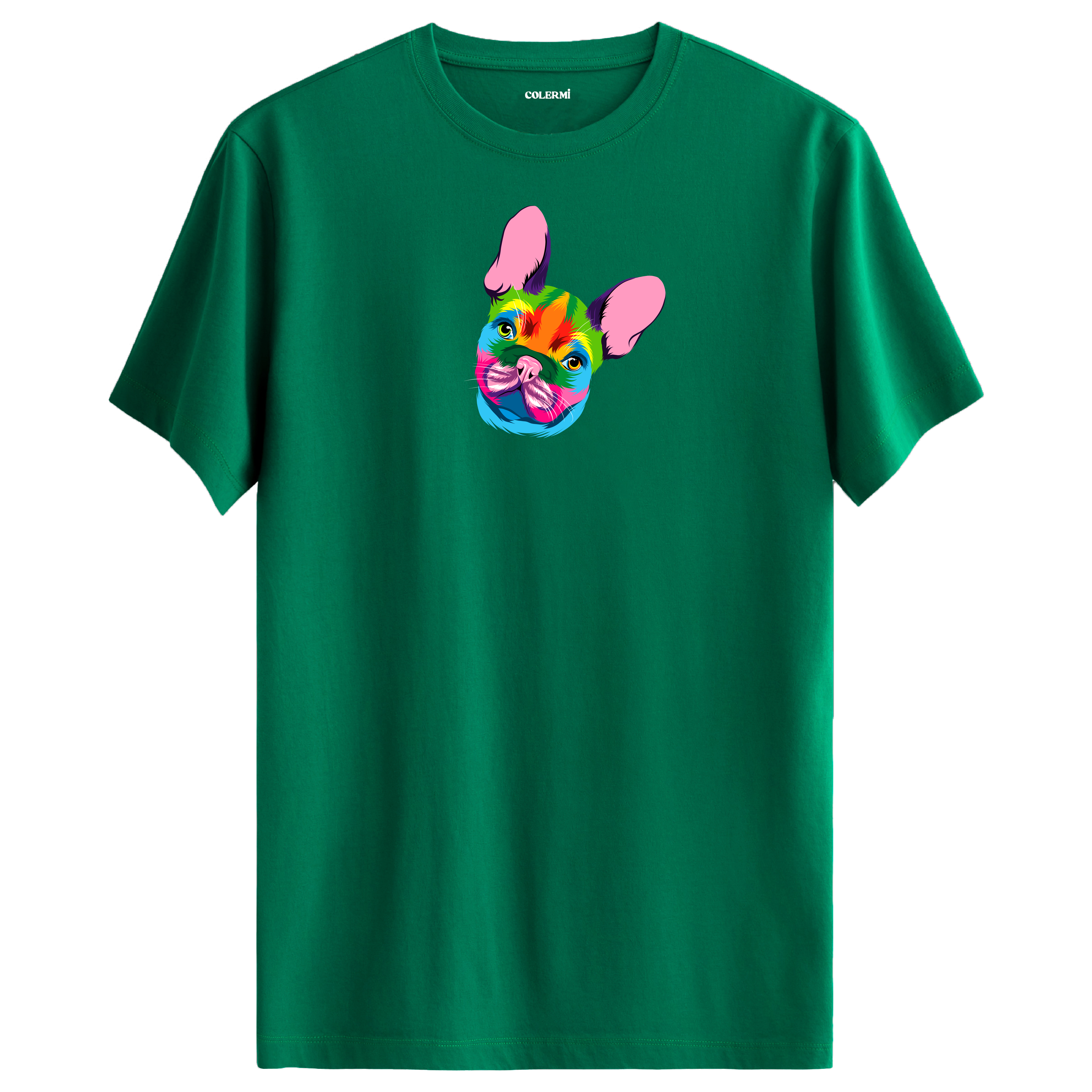 Yeşil tişört üzerinde renkli Coco Fransız Bulldog baskısı
