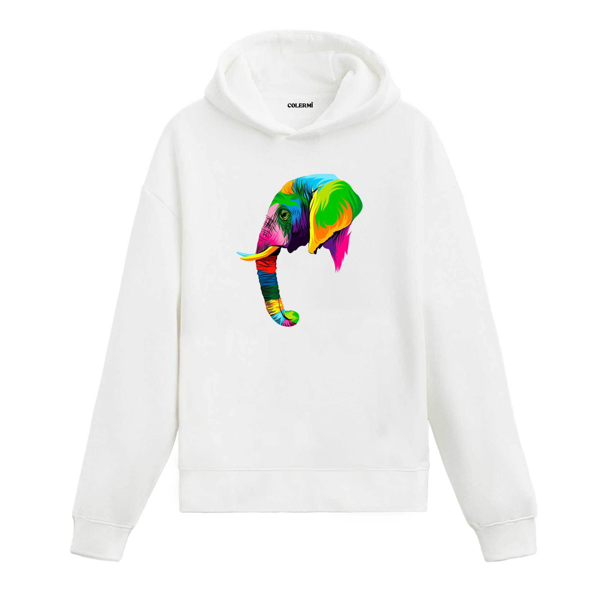 Renkli pop-art fil baskılı beyaz hoodie