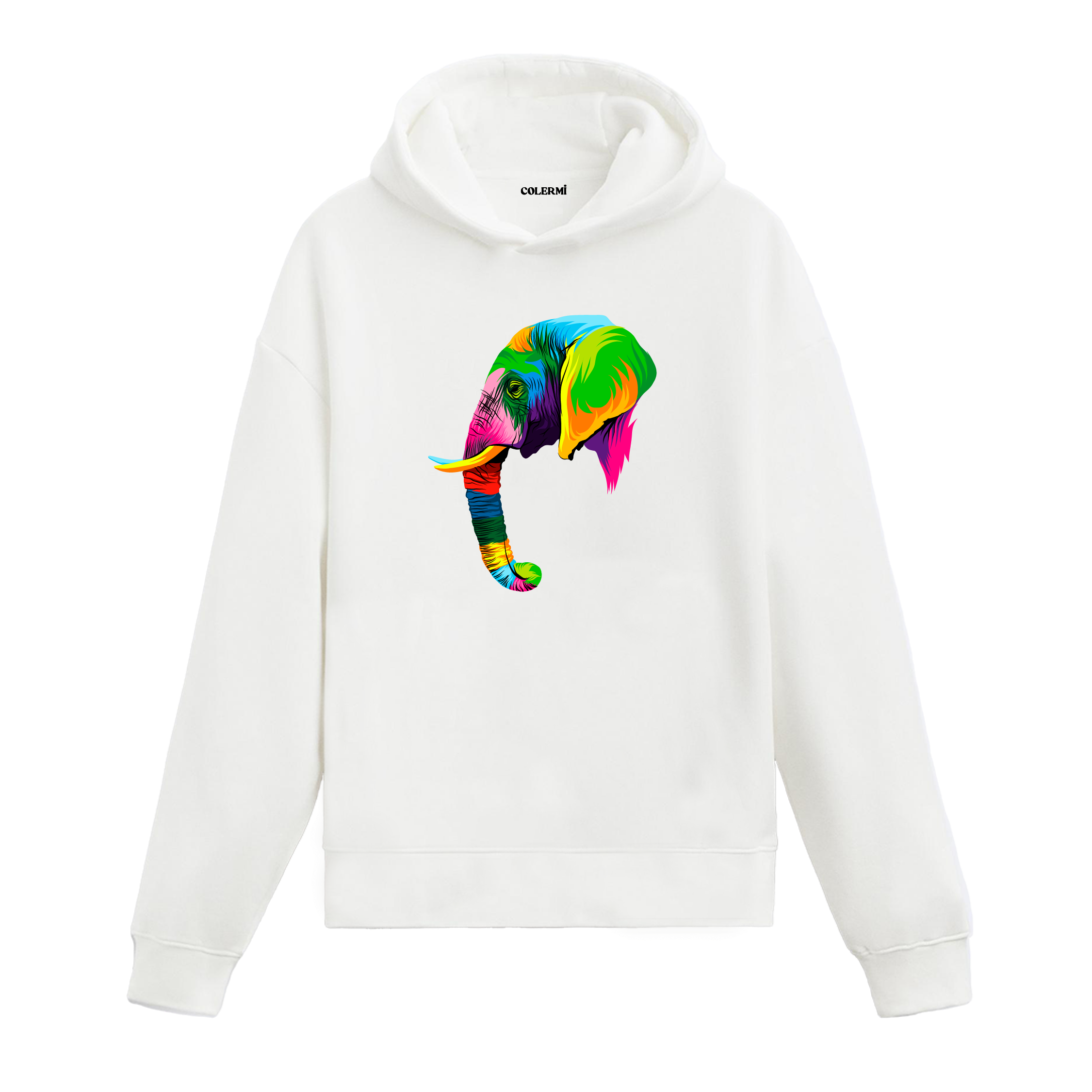 Renkli pop-art fil baskılı beyaz hoodie