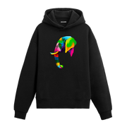 Renkli pop-art fil baskılı siyah hoodie