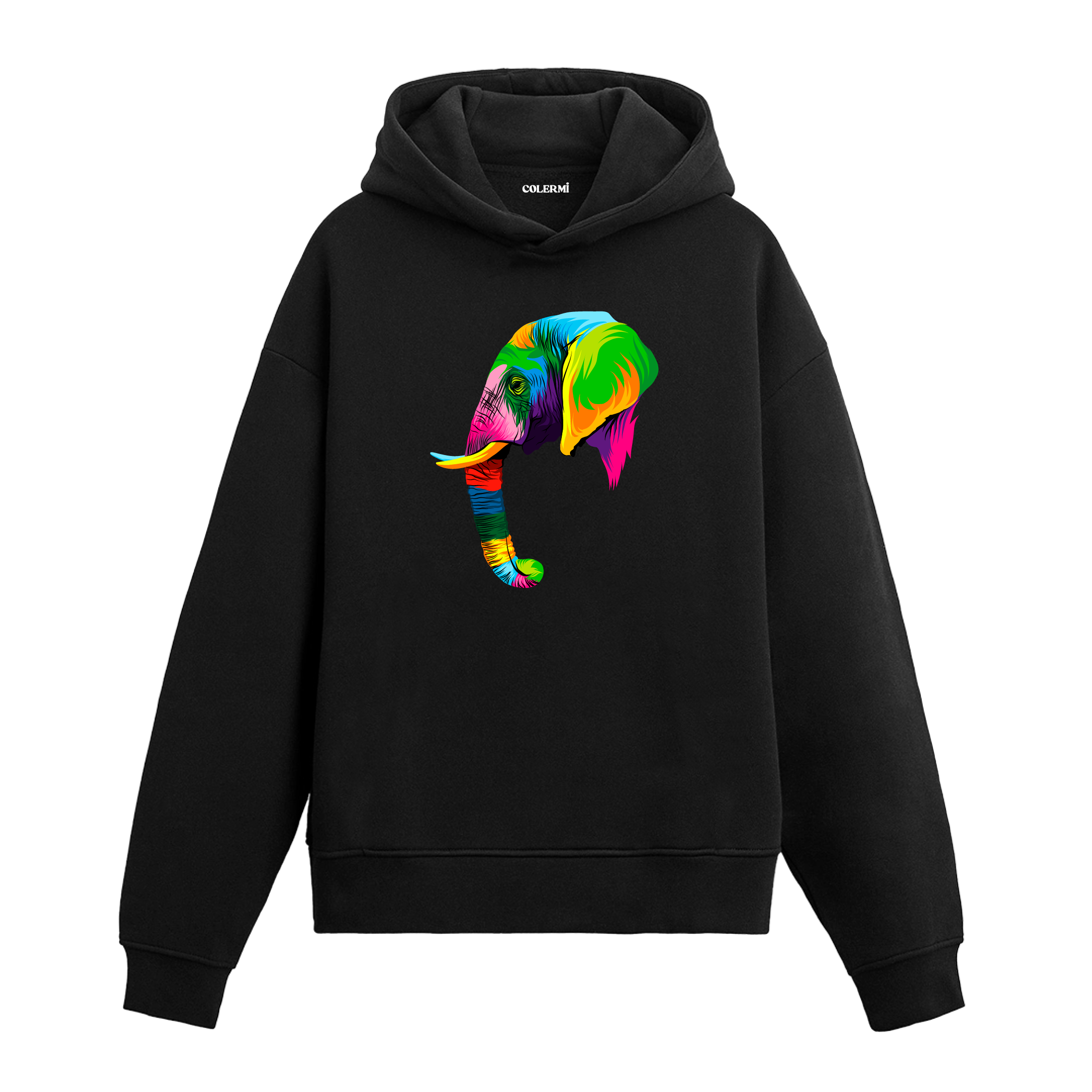 Renkli pop-art fil baskılı siyah hoodie