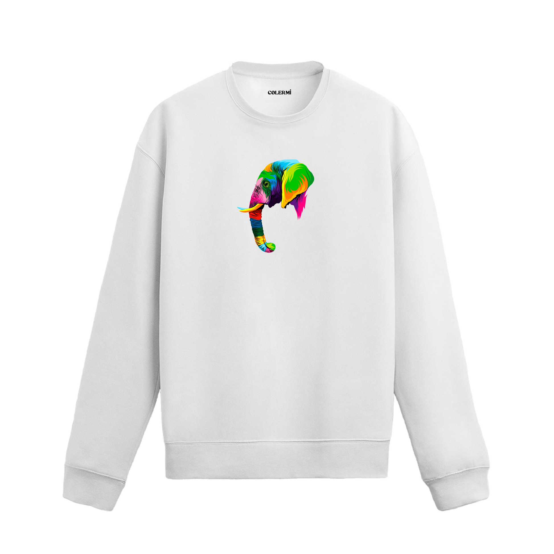 Siyah oversize sweatshirt üzerinde modern ve renkli fil tasarımı baskısı.