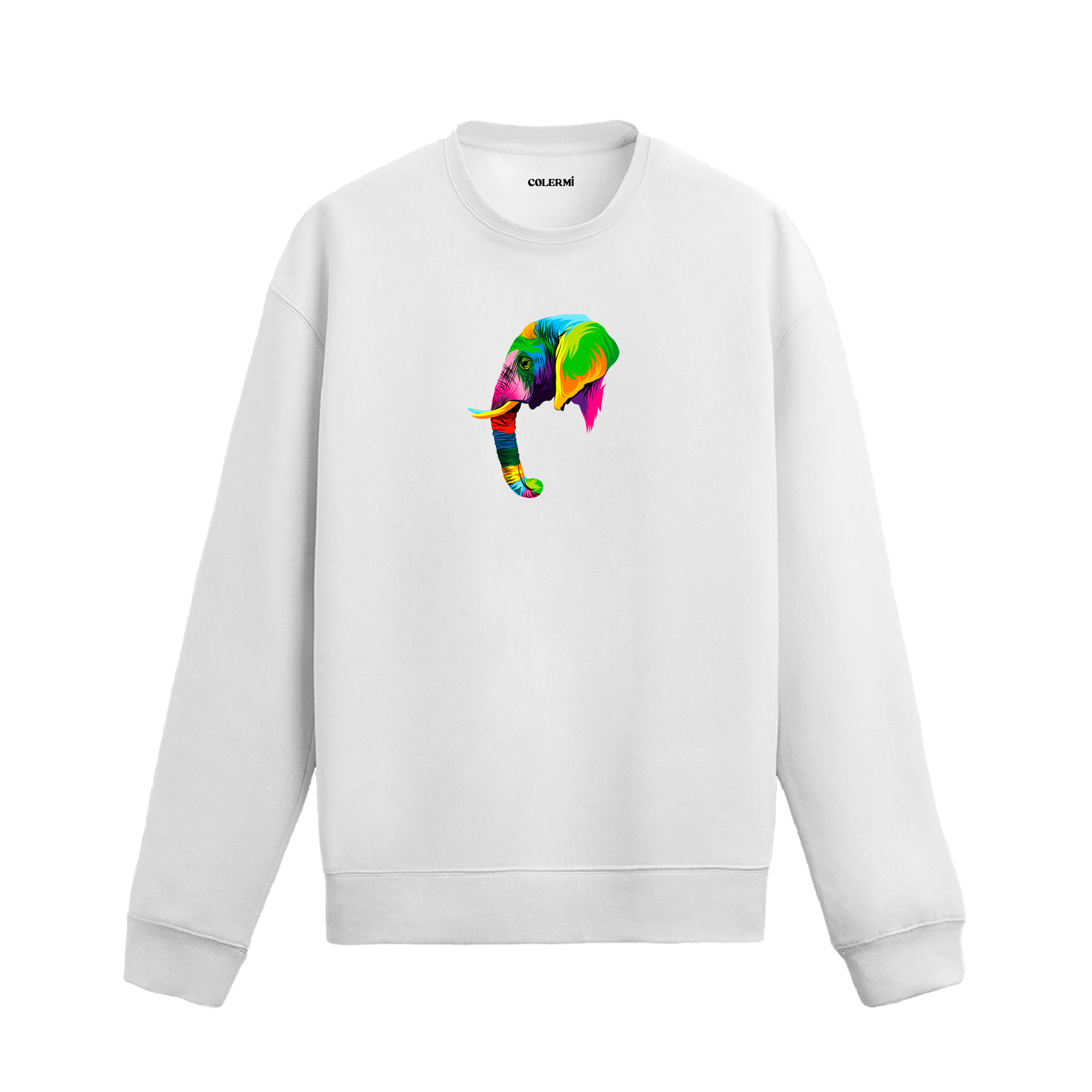 Siyah oversize sweatshirt üzerinde modern ve renkli fil tasarımı baskısı.