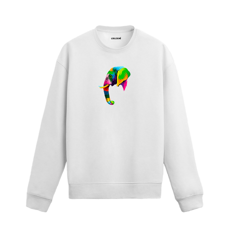 Siyah oversize sweatshirt üzerinde modern ve renkli fil tasarımı baskısı.