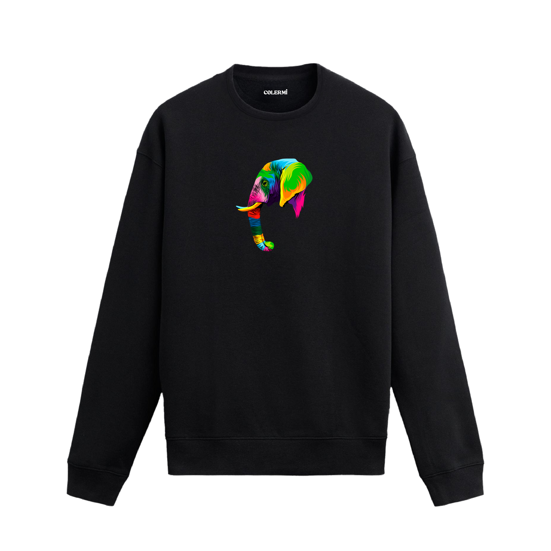 Siyah oversize sweatshirt üzerinde modern ve renkli fil tasarımı baskısı.