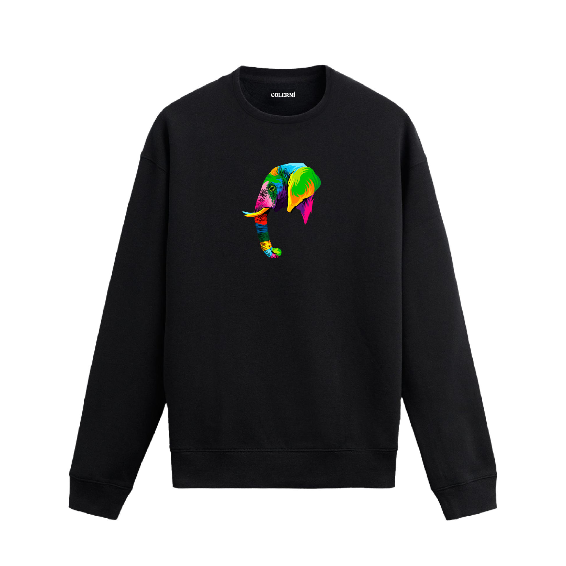Siyah oversize sweatshirt üzerinde modern ve renkli fil tasarımı baskısı.