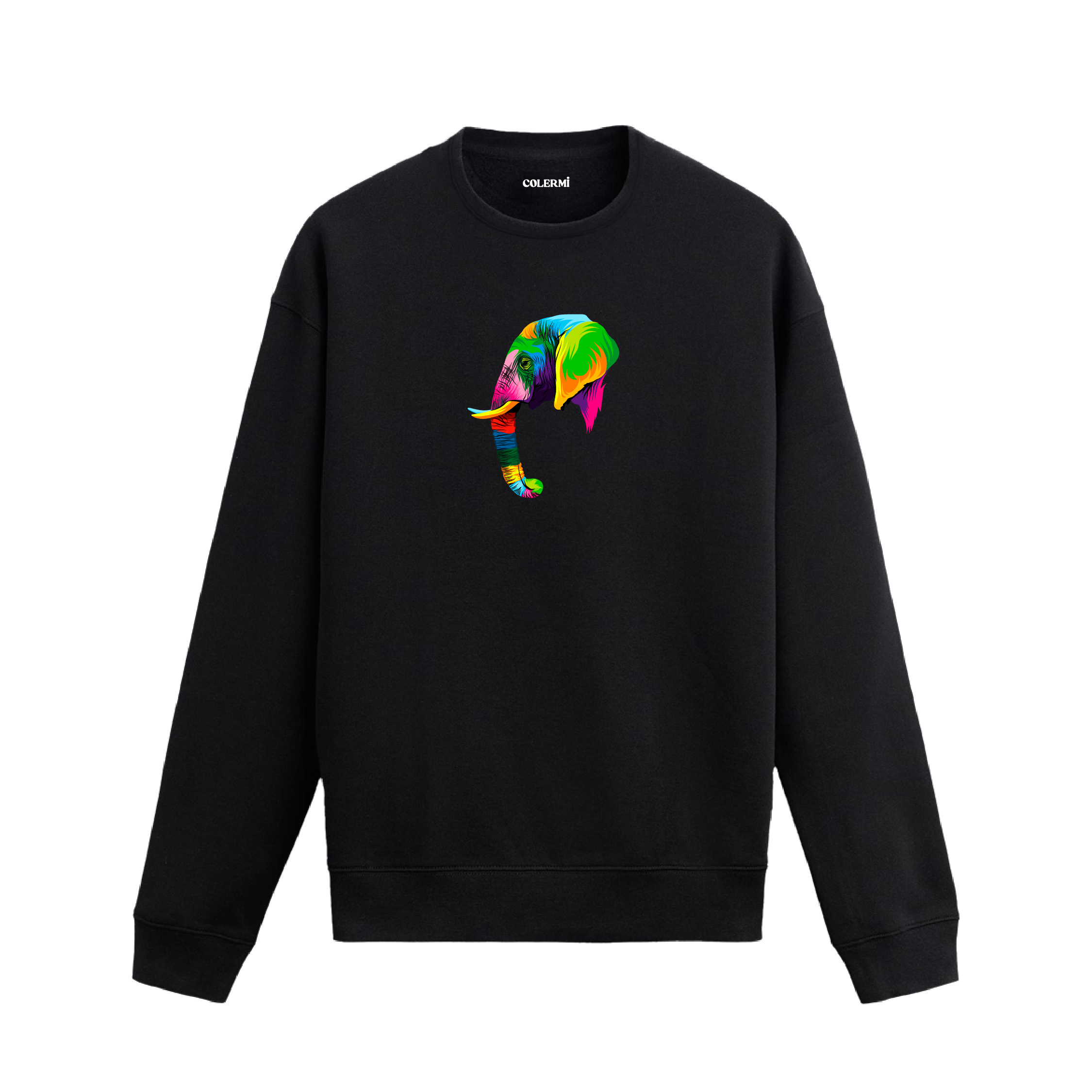 Siyah oversize sweatshirt üzerinde modern ve renkli fil tasarımı baskısı.