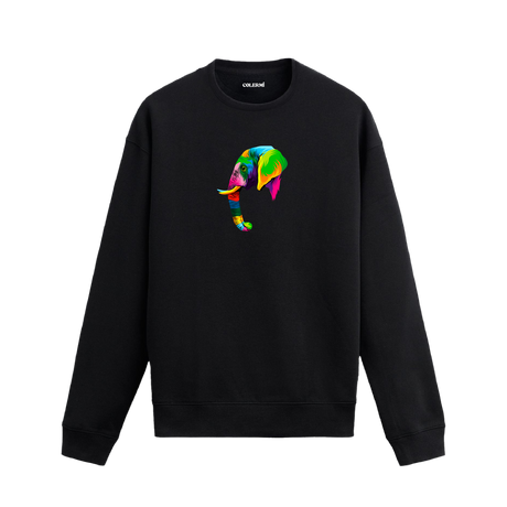 Siyah oversize sweatshirt üzerinde modern ve renkli fil tasarımı baskısı.
