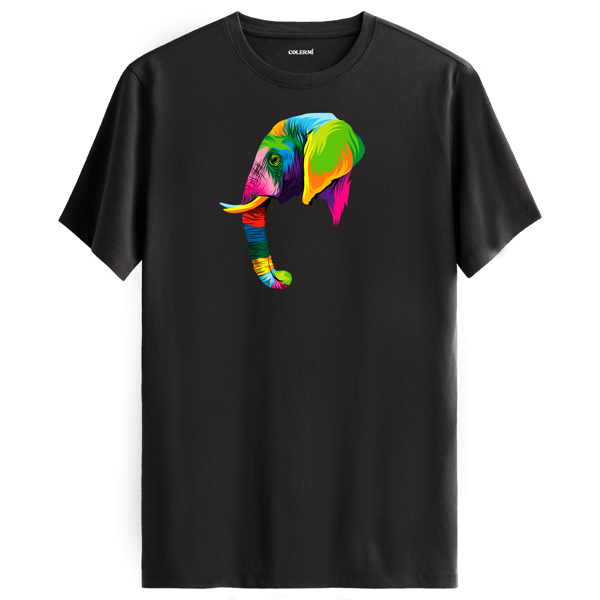 Antrasit tişört üzerinde renkli Tambo fil tasarımı