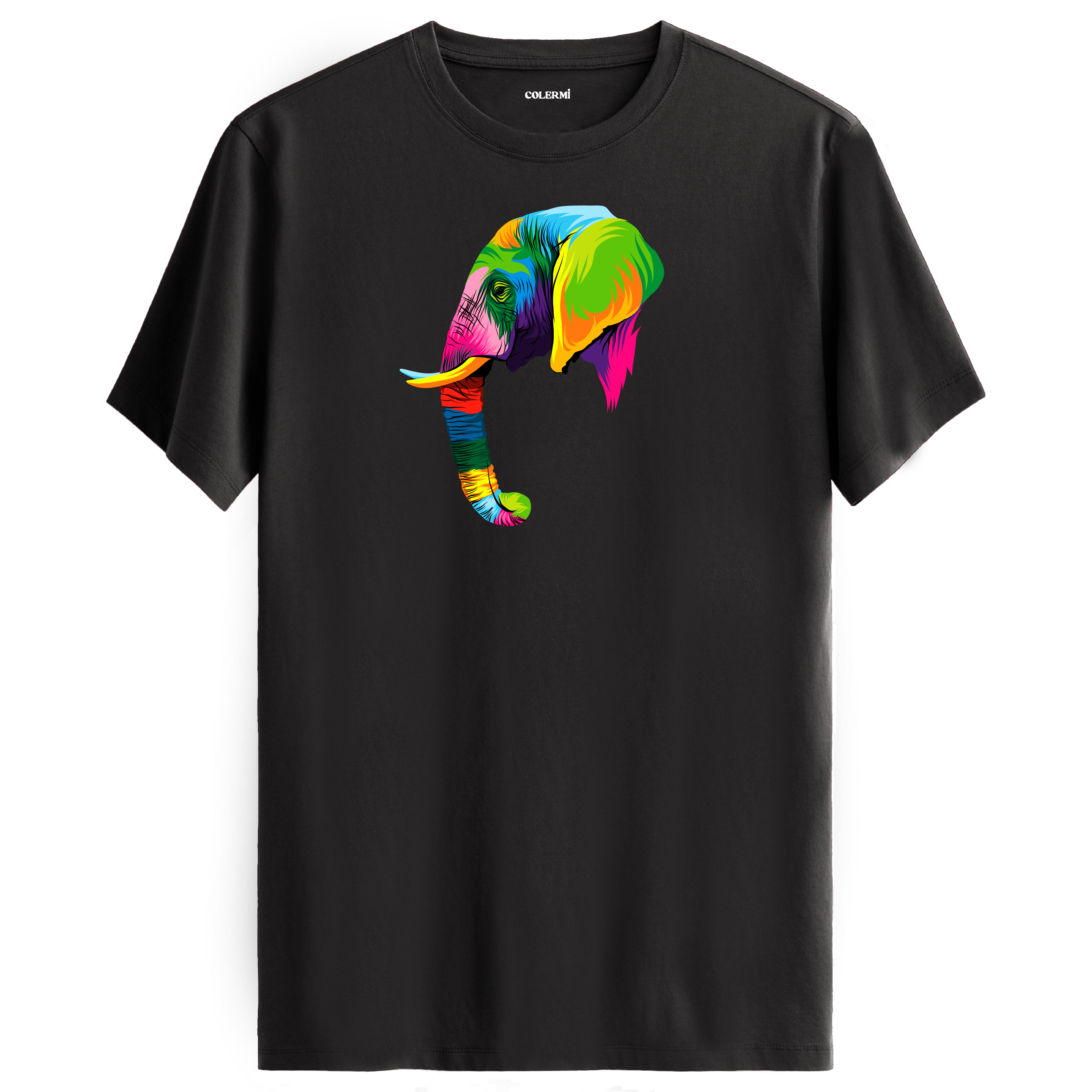 Antrasit tişört üzerinde renkli Tambo fil tasarımı
