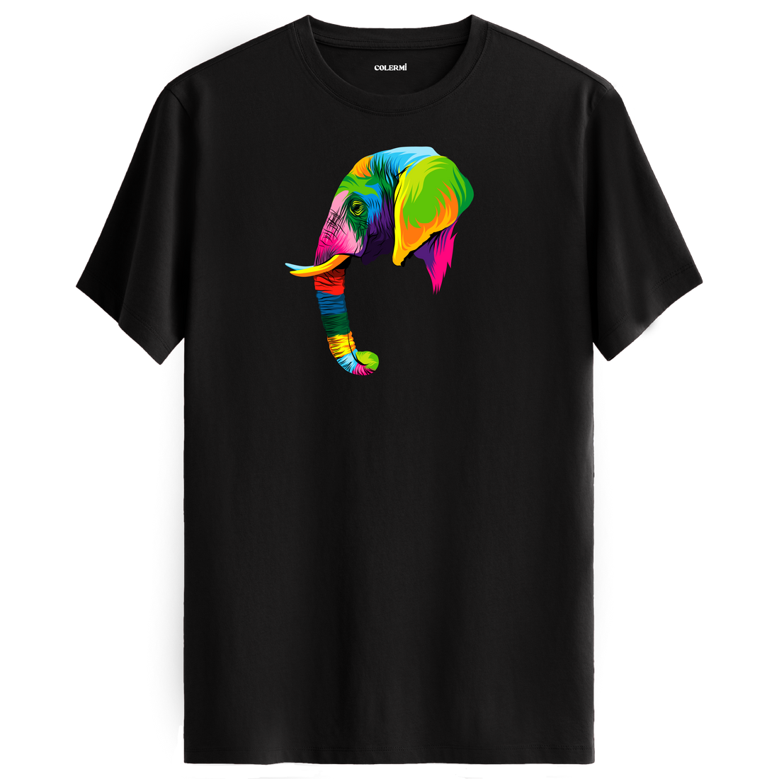 Siyah tişört üzerinde renkli Tambo fil tasarımı