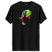 Siyah tişört üzerinde renkli Tambo fil tasarımı