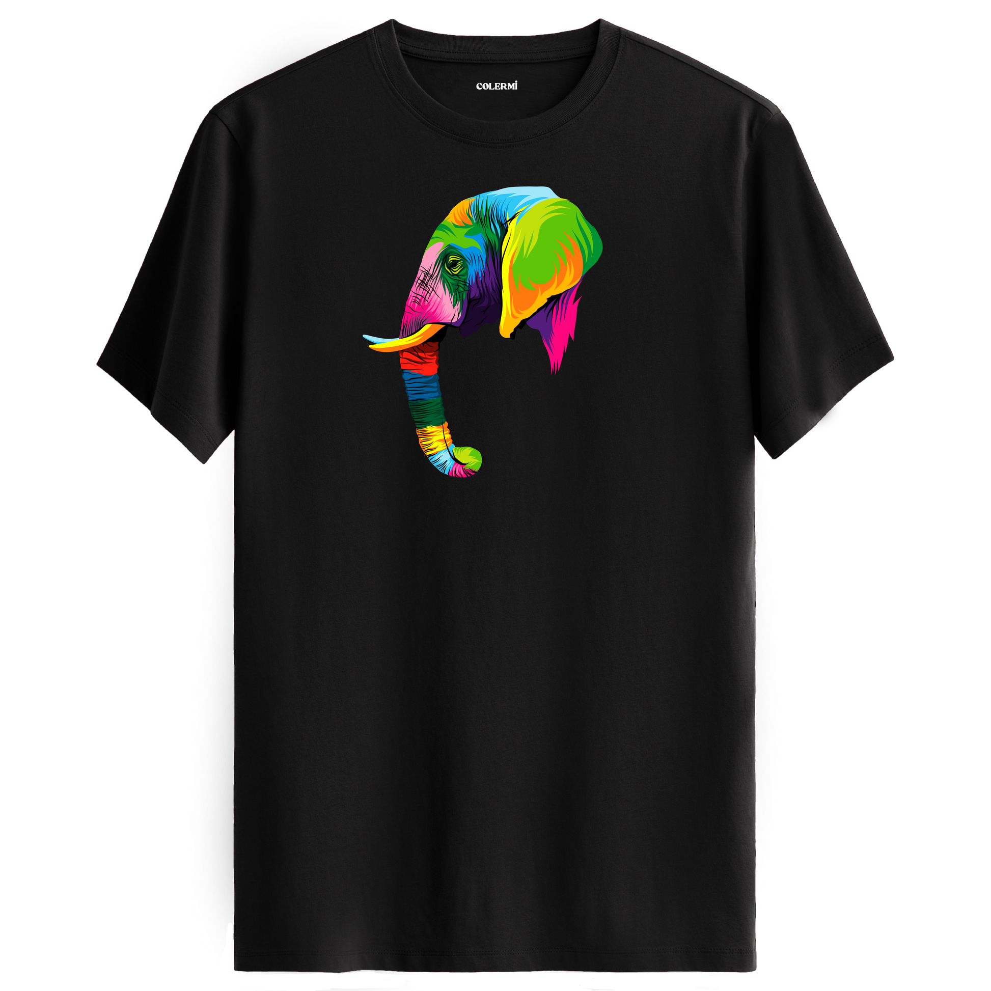 Siyah tişört üzerinde renkli Tambo fil tasarımı
