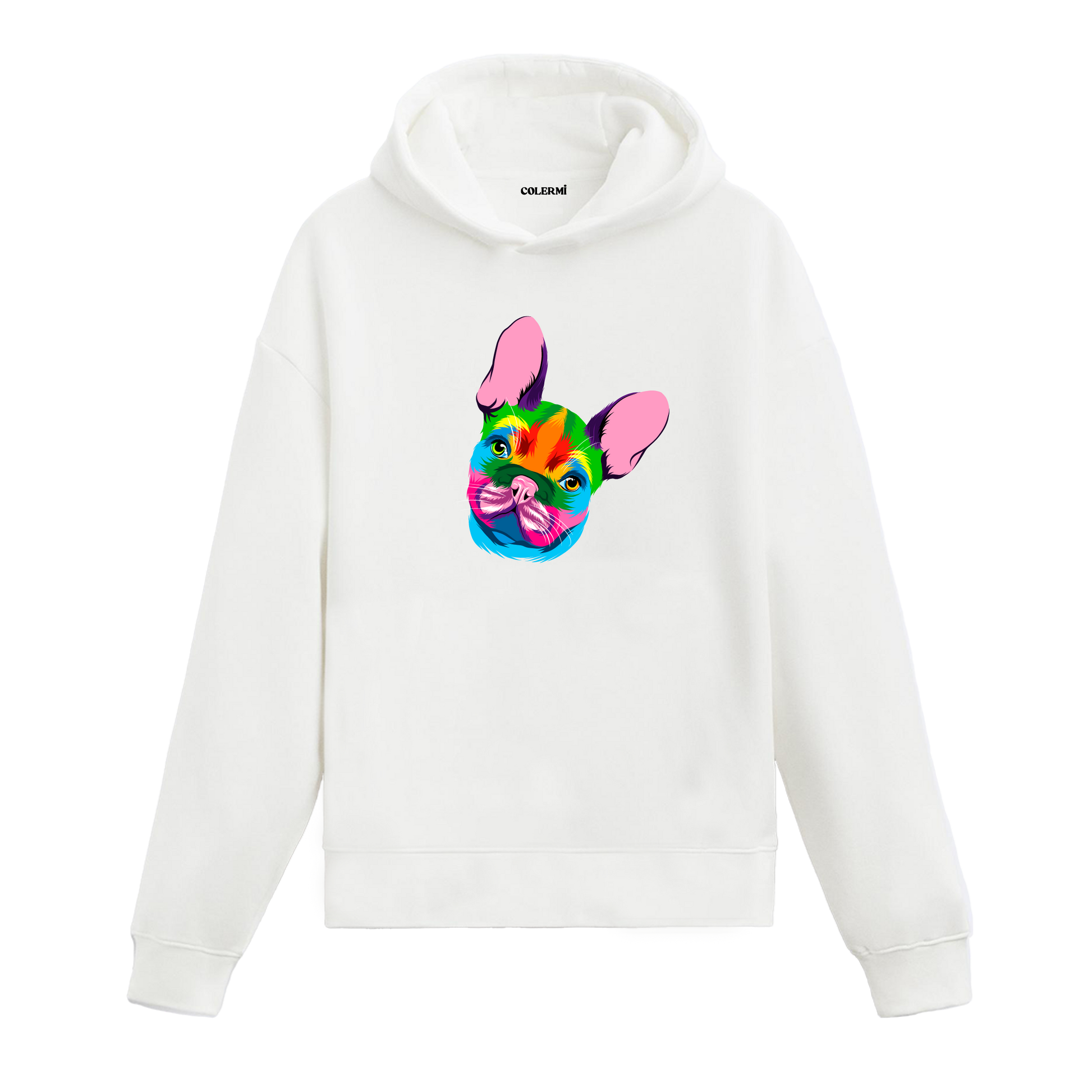 Renkli Fransız Bulldog baskılı beyaz hoodie
