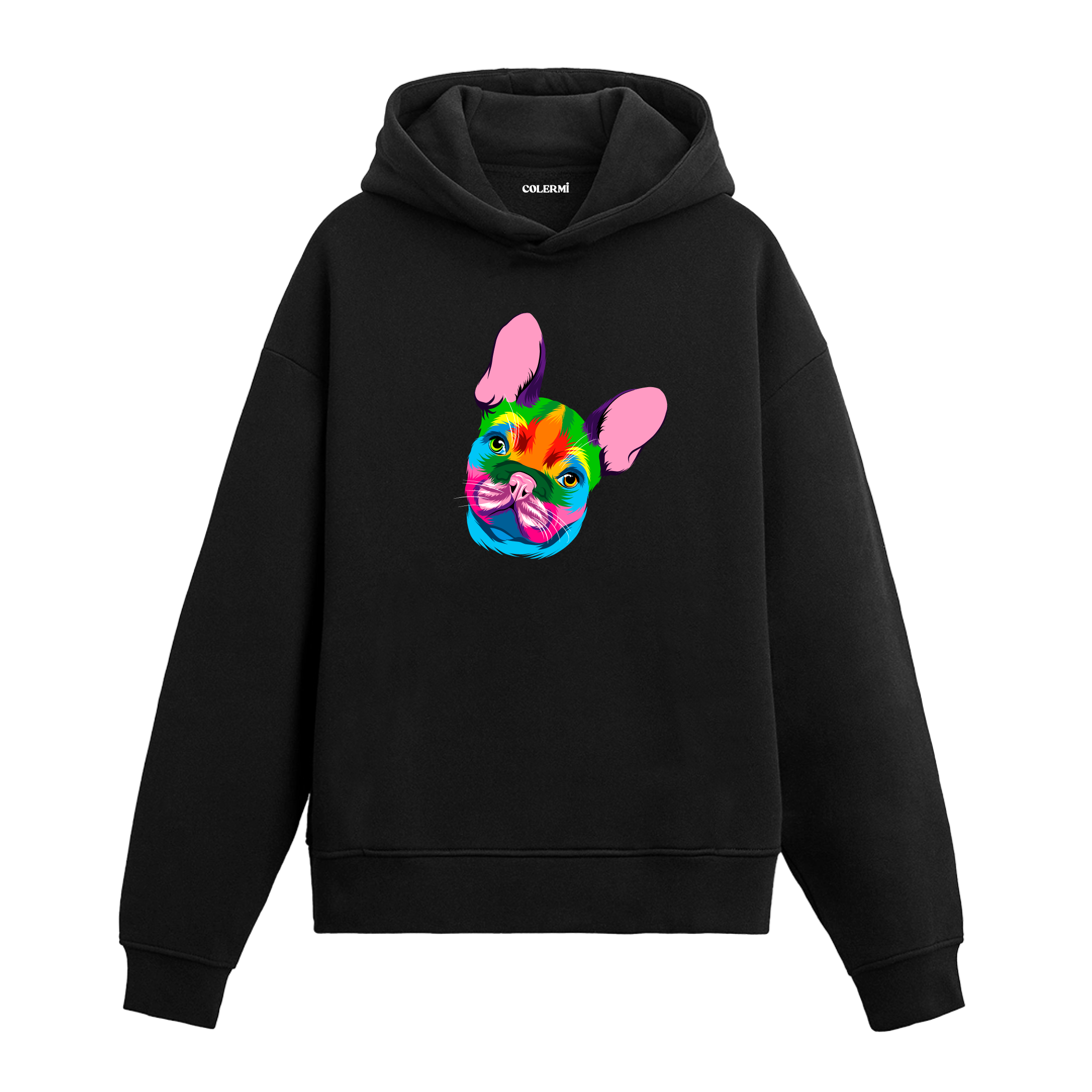 Renkli Fransız Bulldog baskılı siyah hoodie