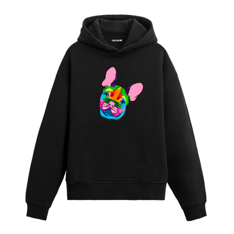 Renkli Fransız Bulldog baskılı siyah hoodie