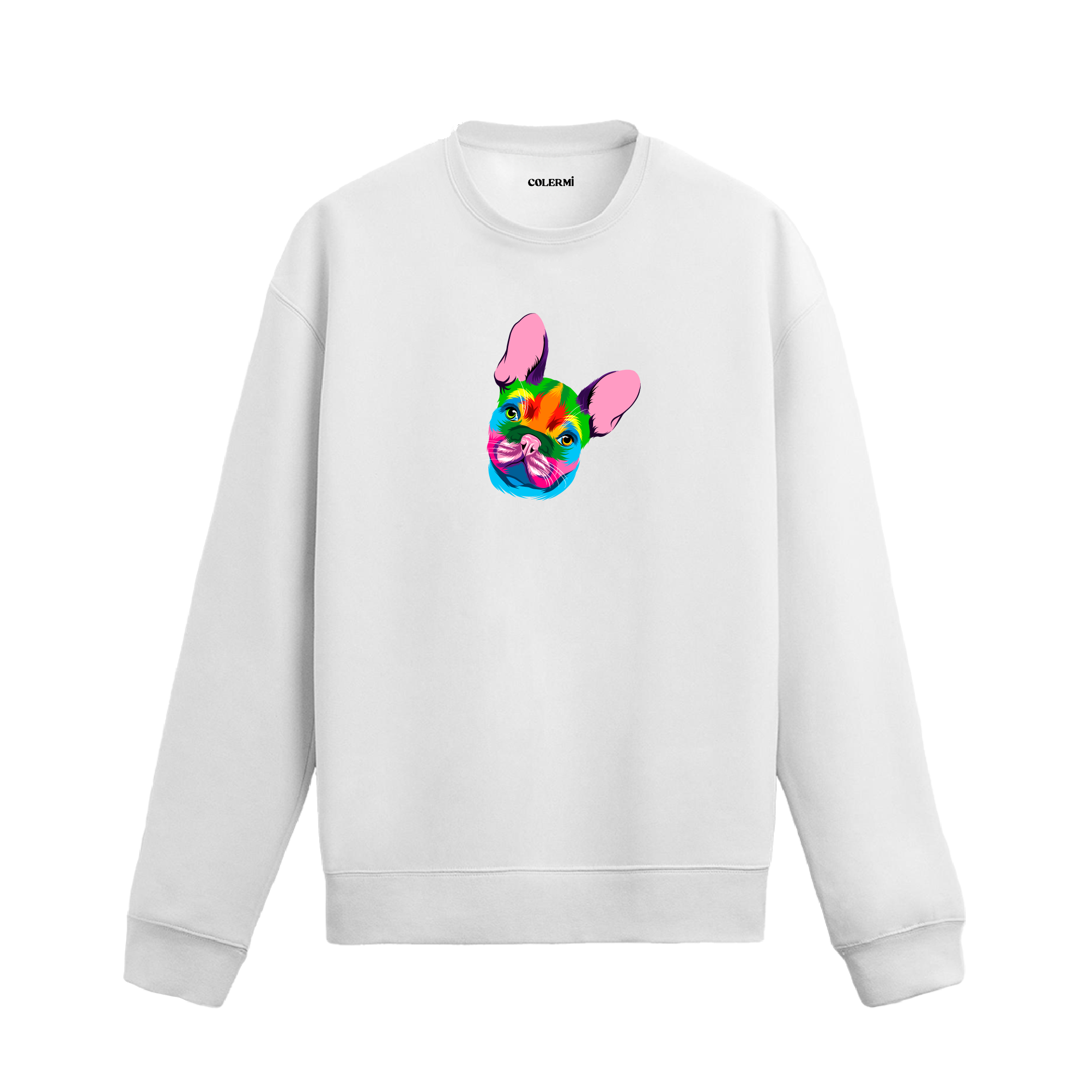 beyaz sweatshirt üzerinde renkli French Bulldog köpek baskısı