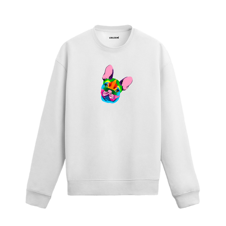 beyaz sweatshirt üzerinde renkli French Bulldog köpek baskısı