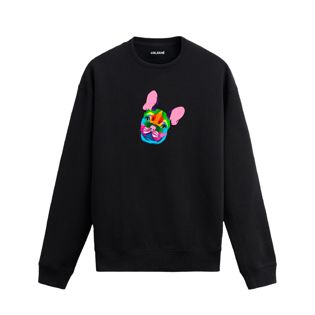 Siyah sweatshirt üzerinde renkli French Bulldog köpek baskısı
