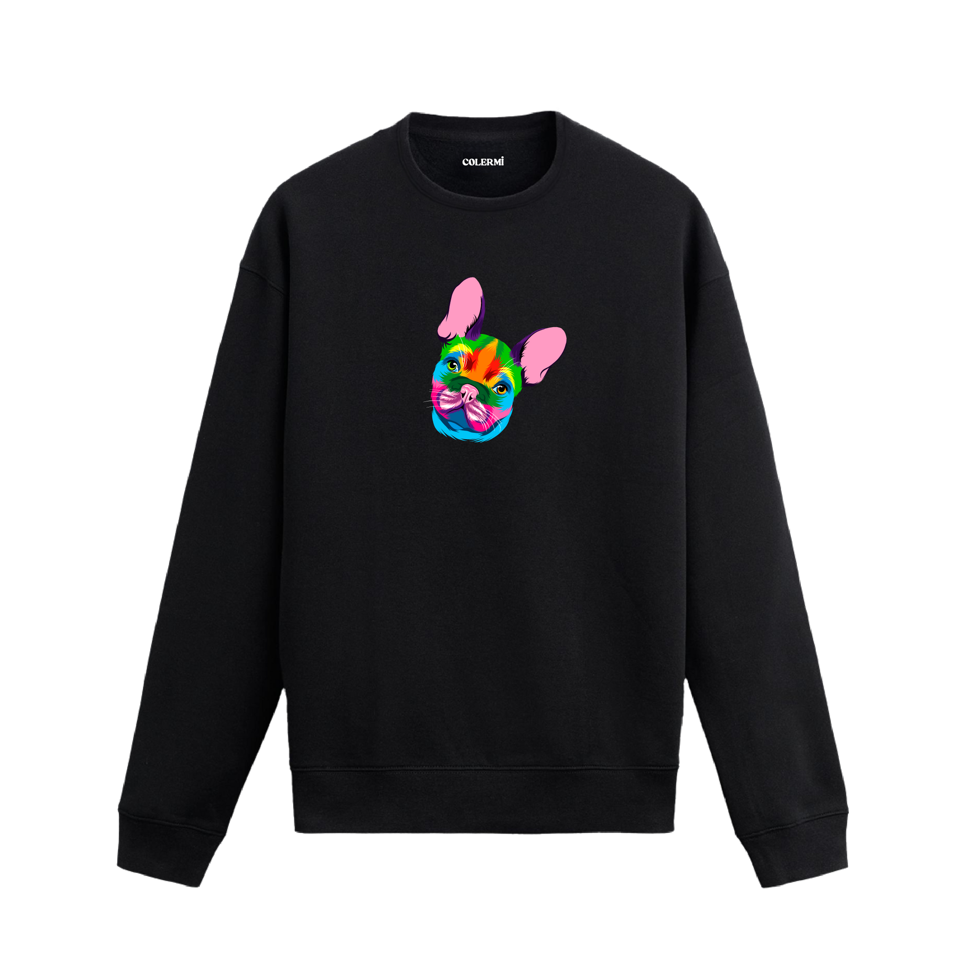 Siyah sweatshirt üzerinde renkli French Bulldog köpek baskısı