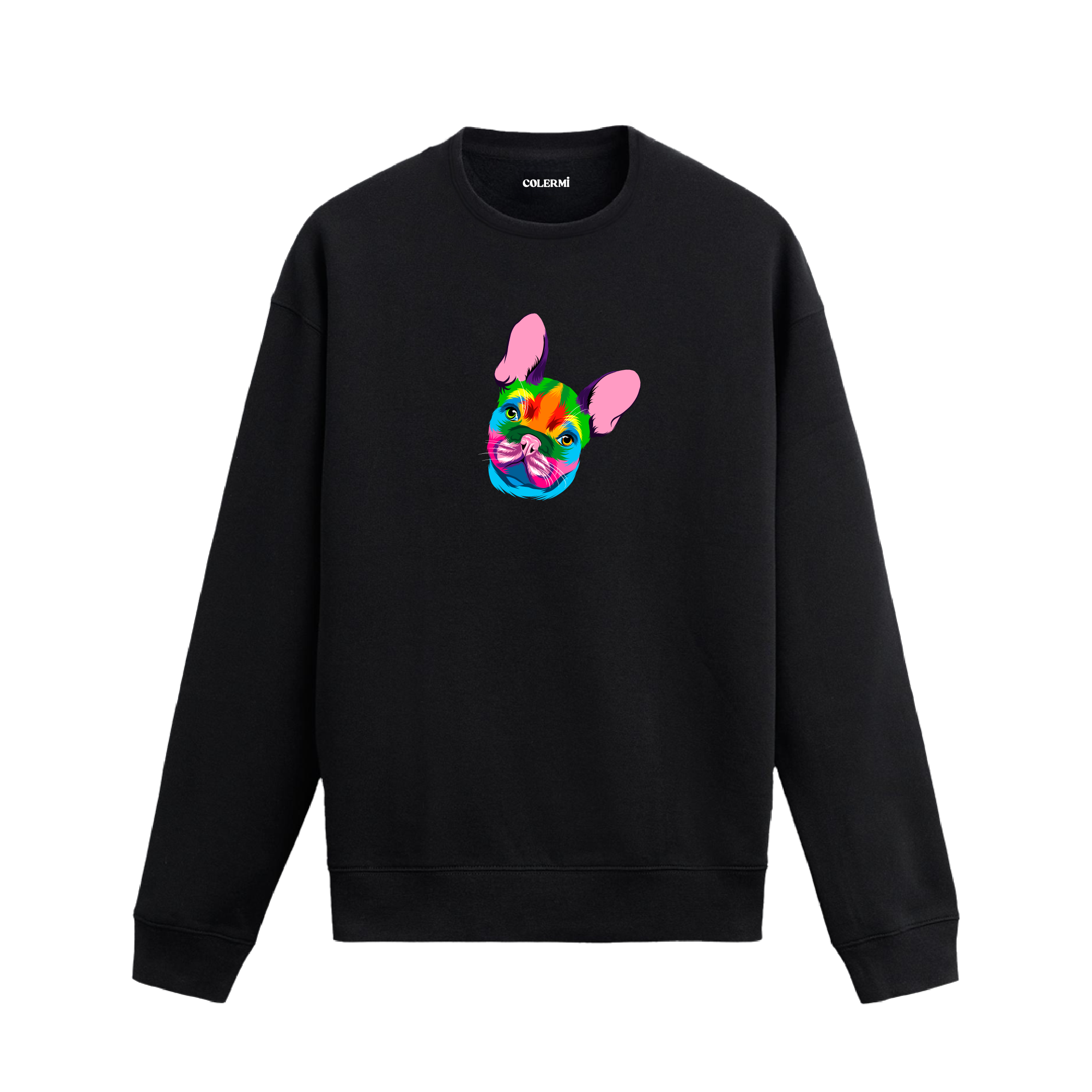 Siyah sweatshirt üzerinde renkli French Bulldog köpek baskısı