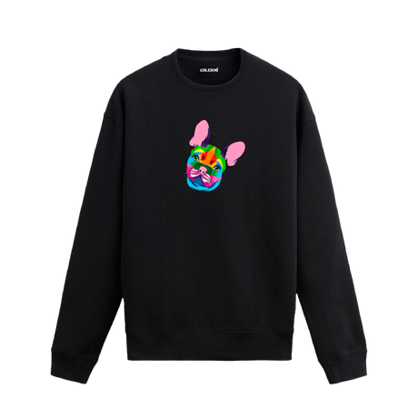 Siyah sweatshirt üzerinde renkli French Bulldog köpek baskısı