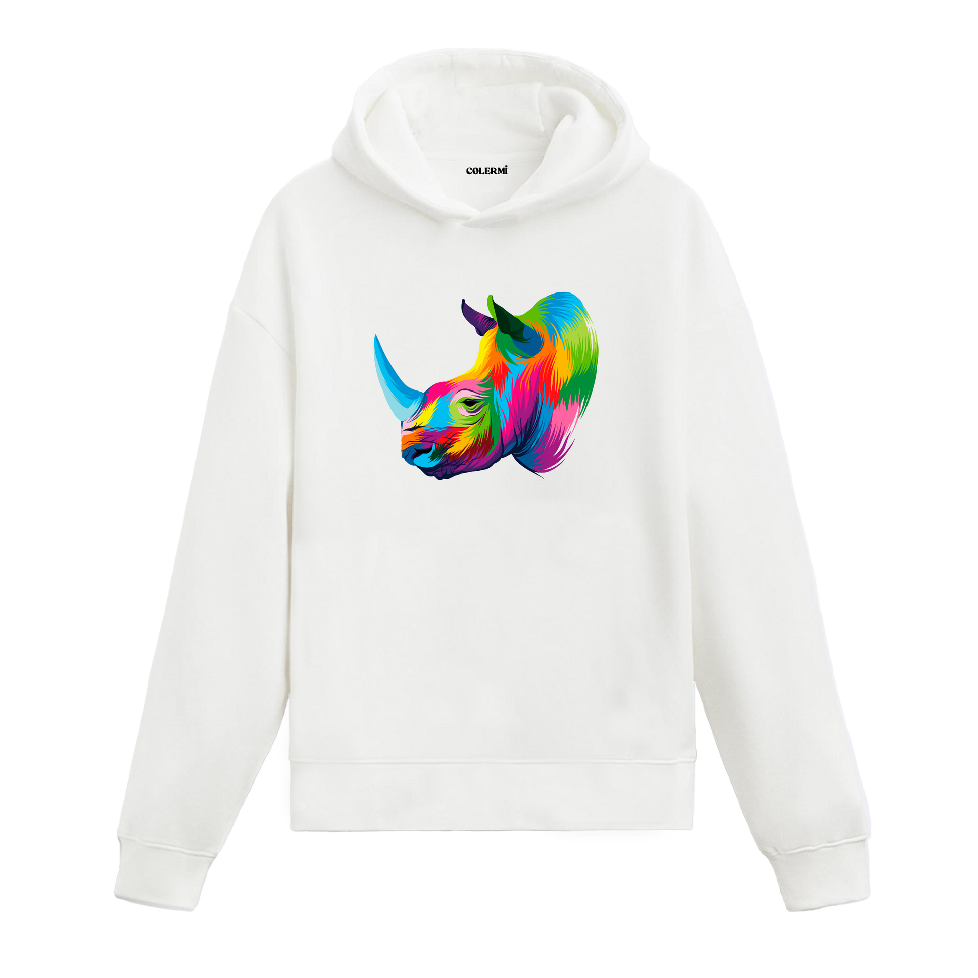 Renkli gergedan başı baskılı beyaz Colermi hoodie