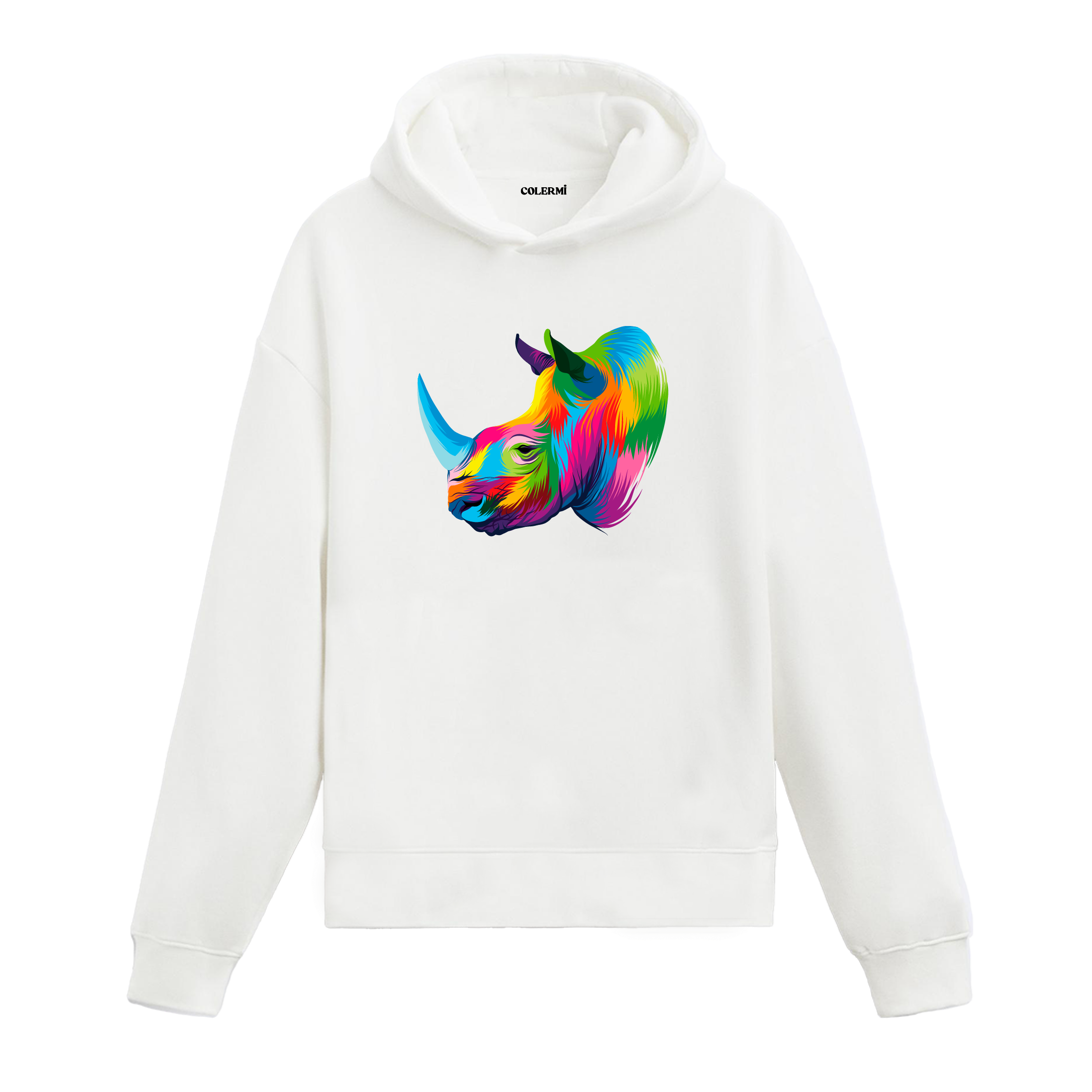 Renkli gergedan başı baskılı beyaz Colermi hoodie