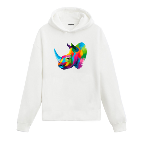 Renkli gergedan başı baskılı beyaz Colermi hoodie