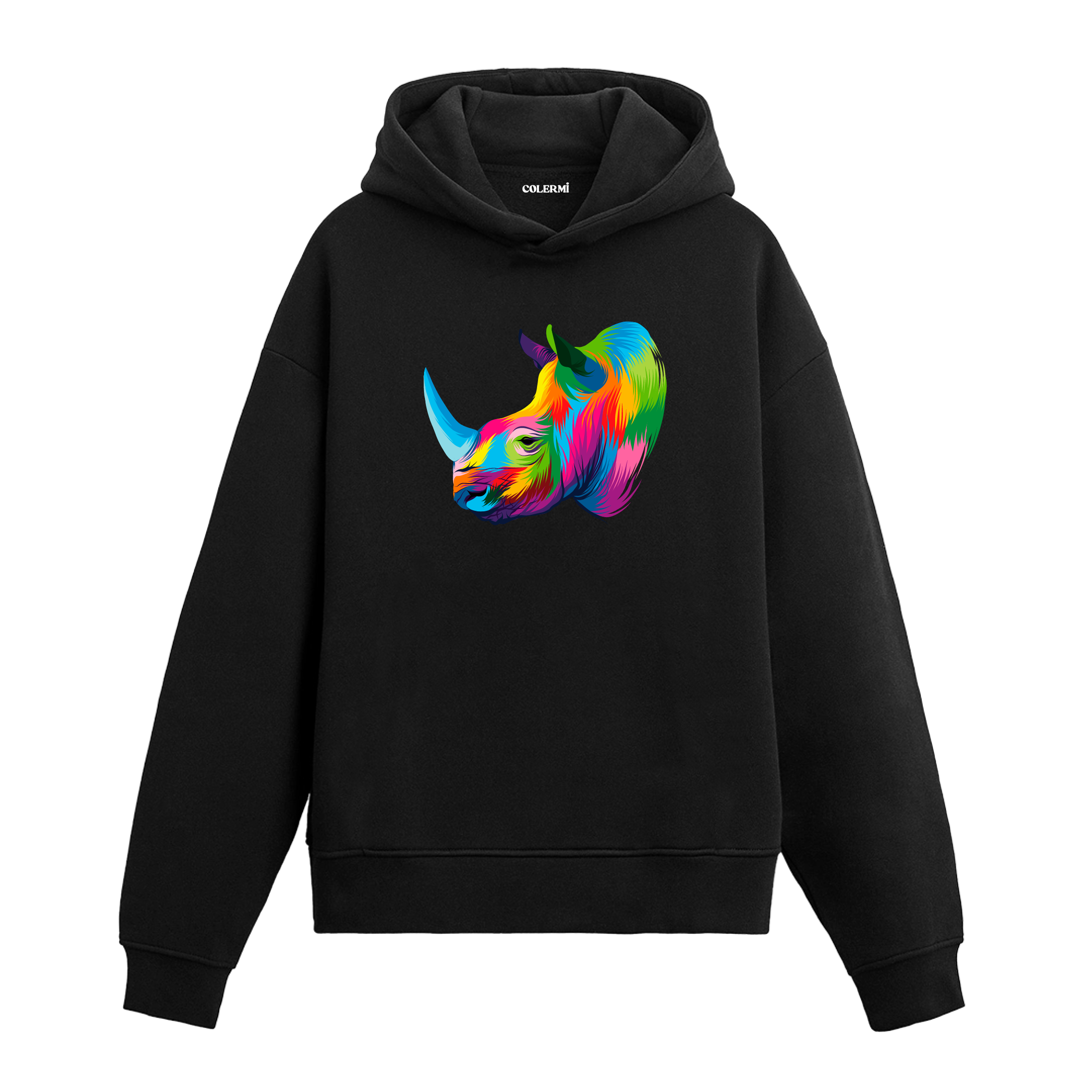 Renkli gergedan başı baskılı siyah Colermi hoodie