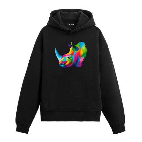 Renkli gergedan başı baskılı siyah Colermi hoodie