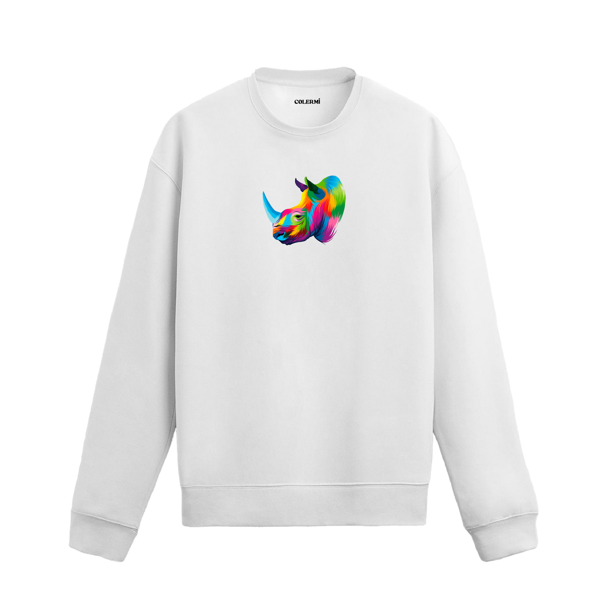 beyaz sweatshirt üzerinde sanatsal ve renkli gergedan başı baskısı.