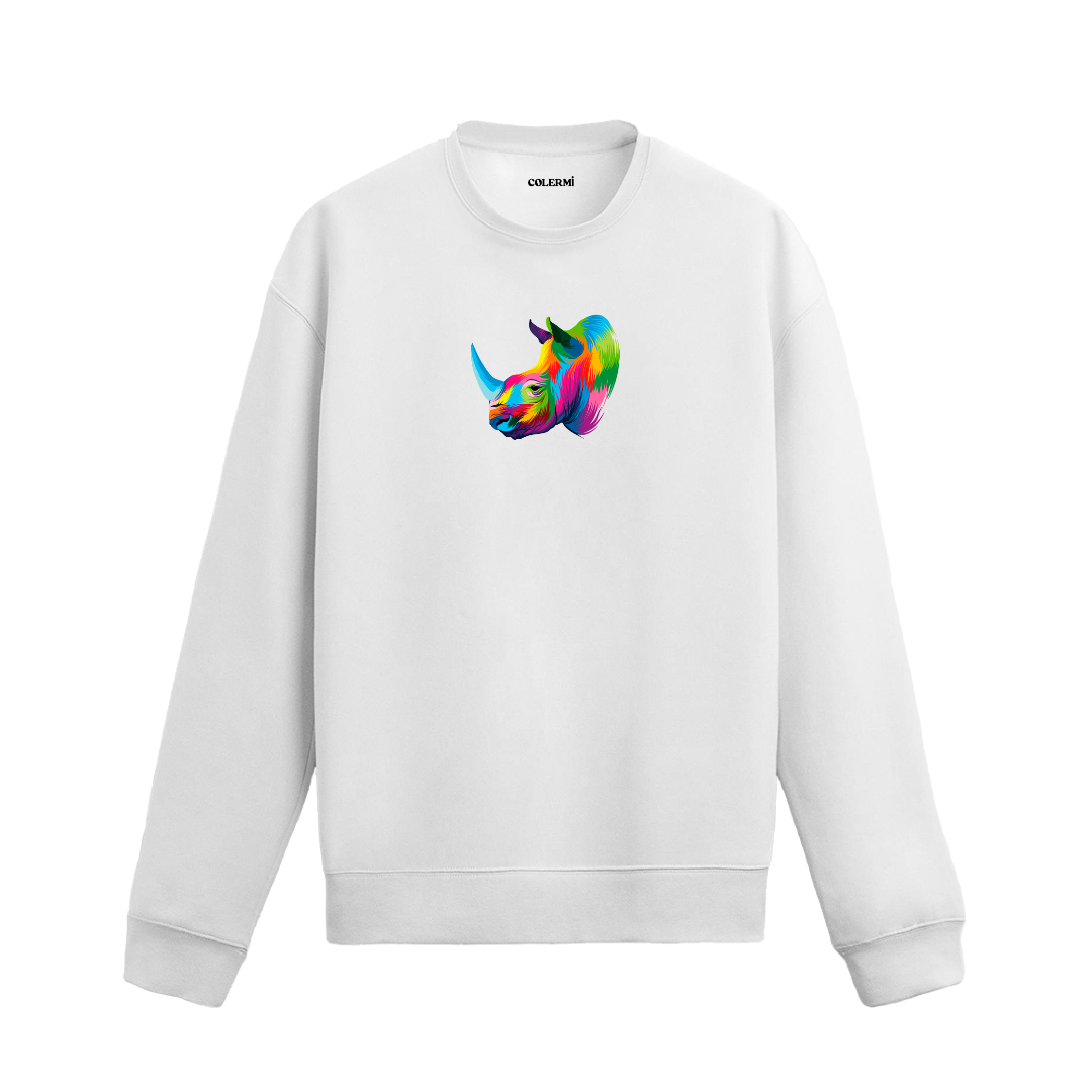 beyaz sweatshirt üzerinde sanatsal ve renkli gergedan başı baskısı.