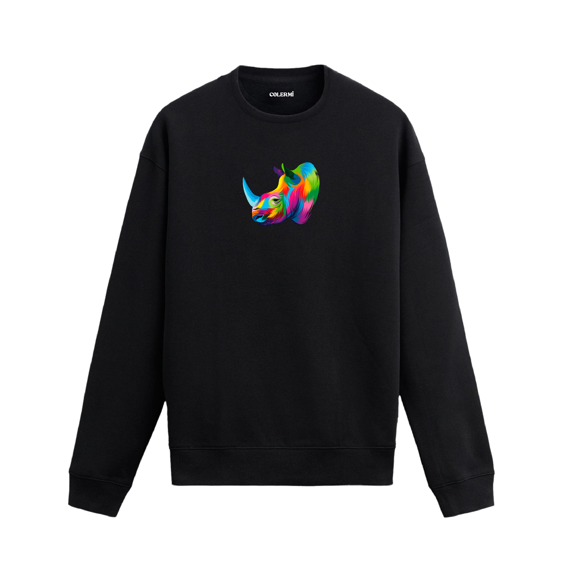 Siyah sweatshirt üzerinde sanatsal ve renkli gergedan başı baskısı.