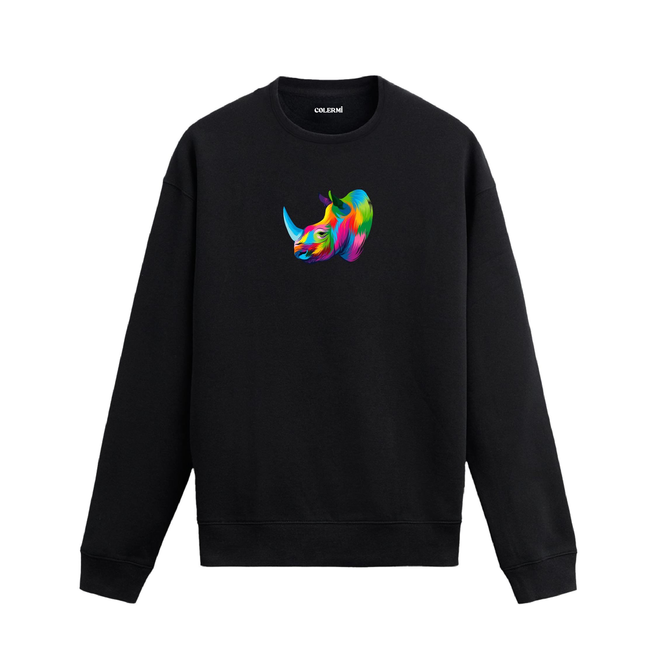 Siyah sweatshirt üzerinde sanatsal ve renkli gergedan başı baskısı.
