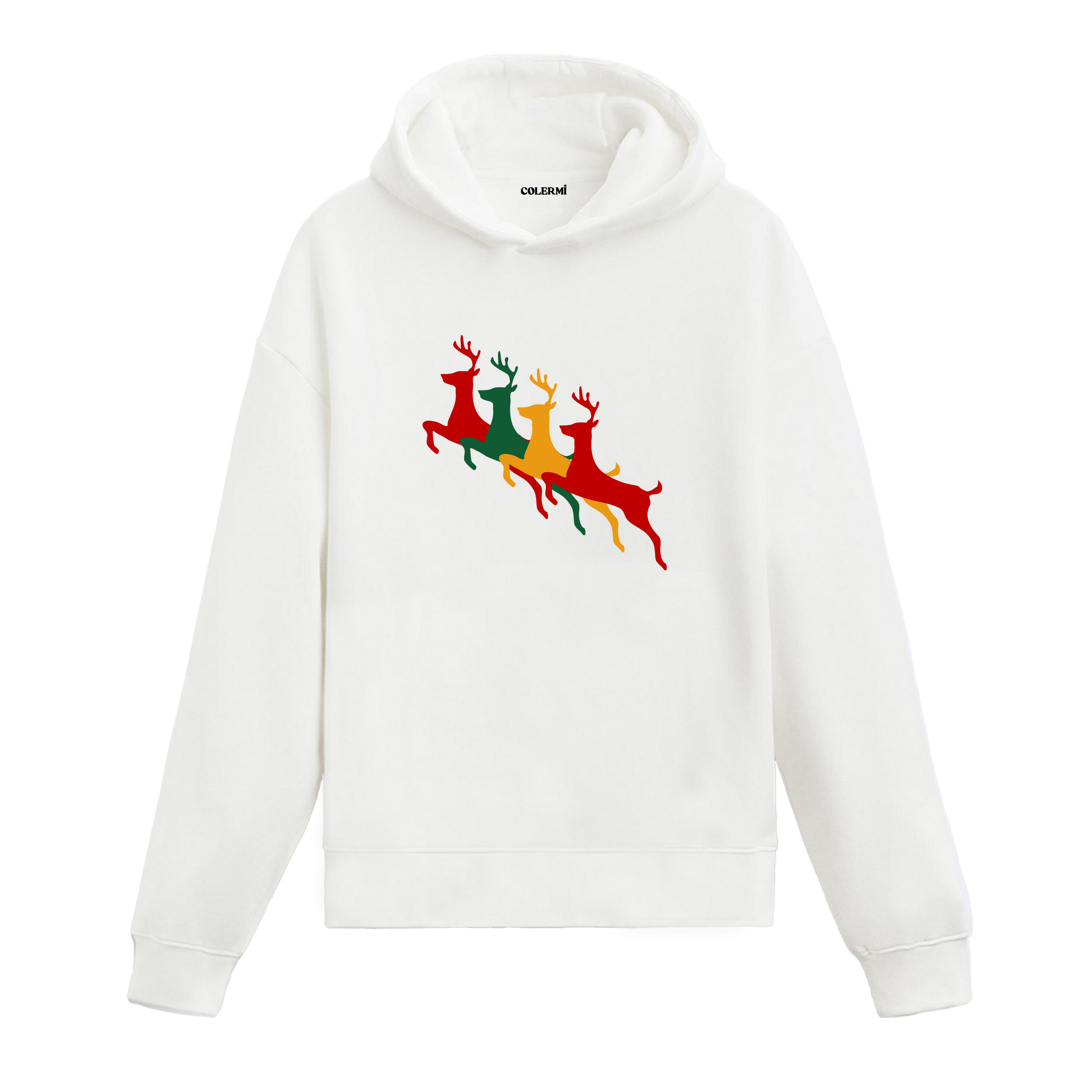 Beyaz hoodie, renkli geyik baskısı, pamuklu unisex yılbaşı hoodie