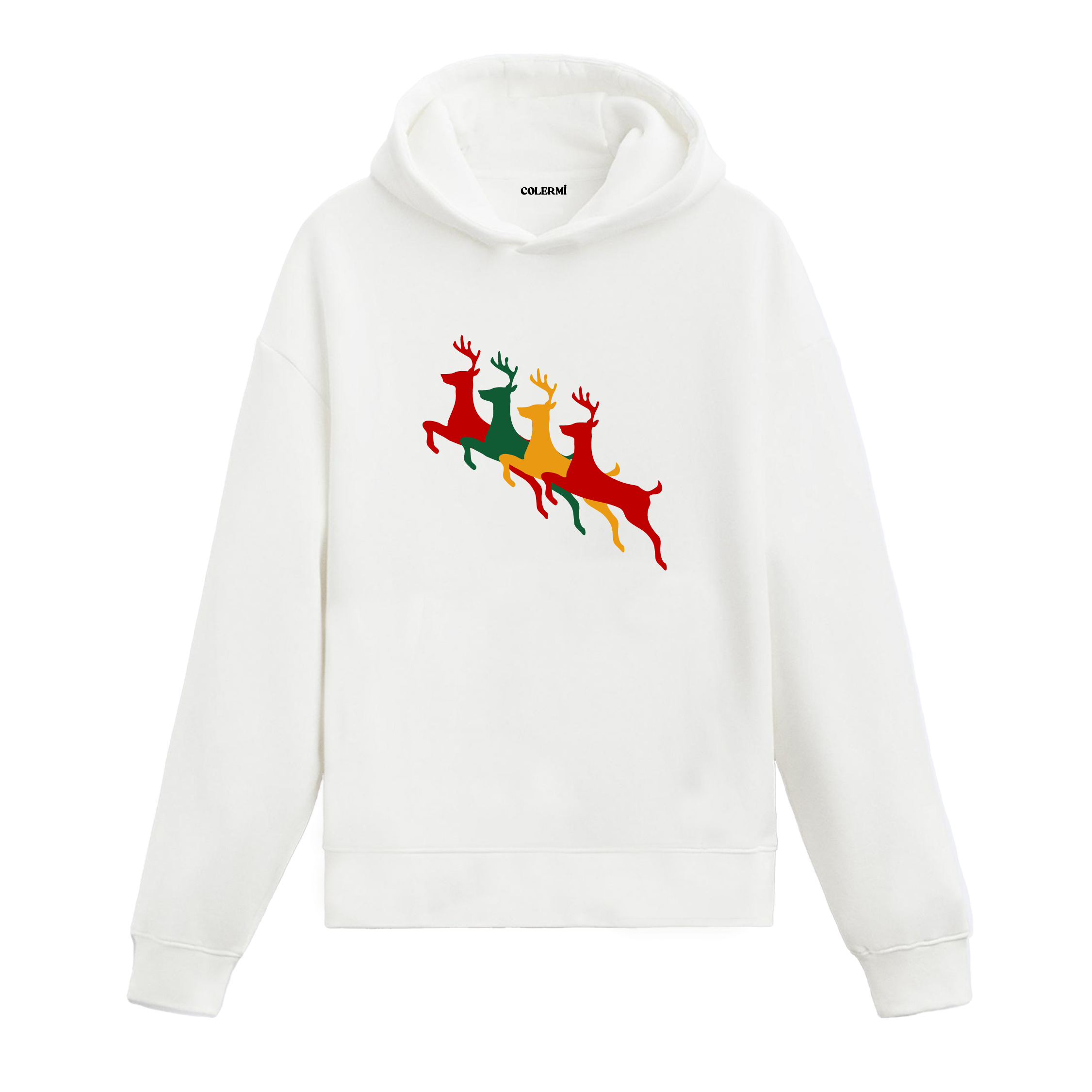 Beyaz hoodie, renkli geyik baskısı, pamuklu unisex yılbaşı hoodie
