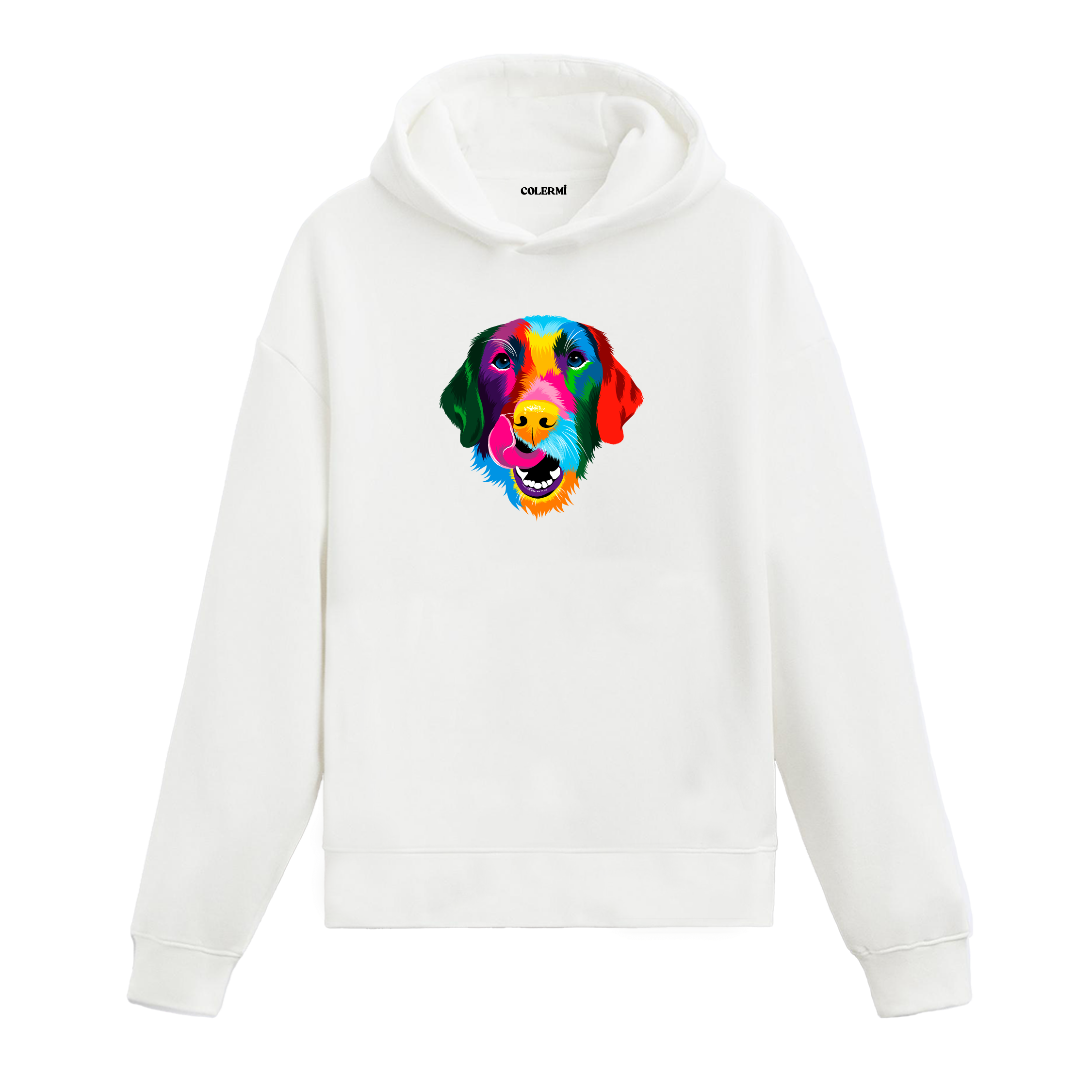 Renkli golden retriever baskılı beyaz Colermi hoodie