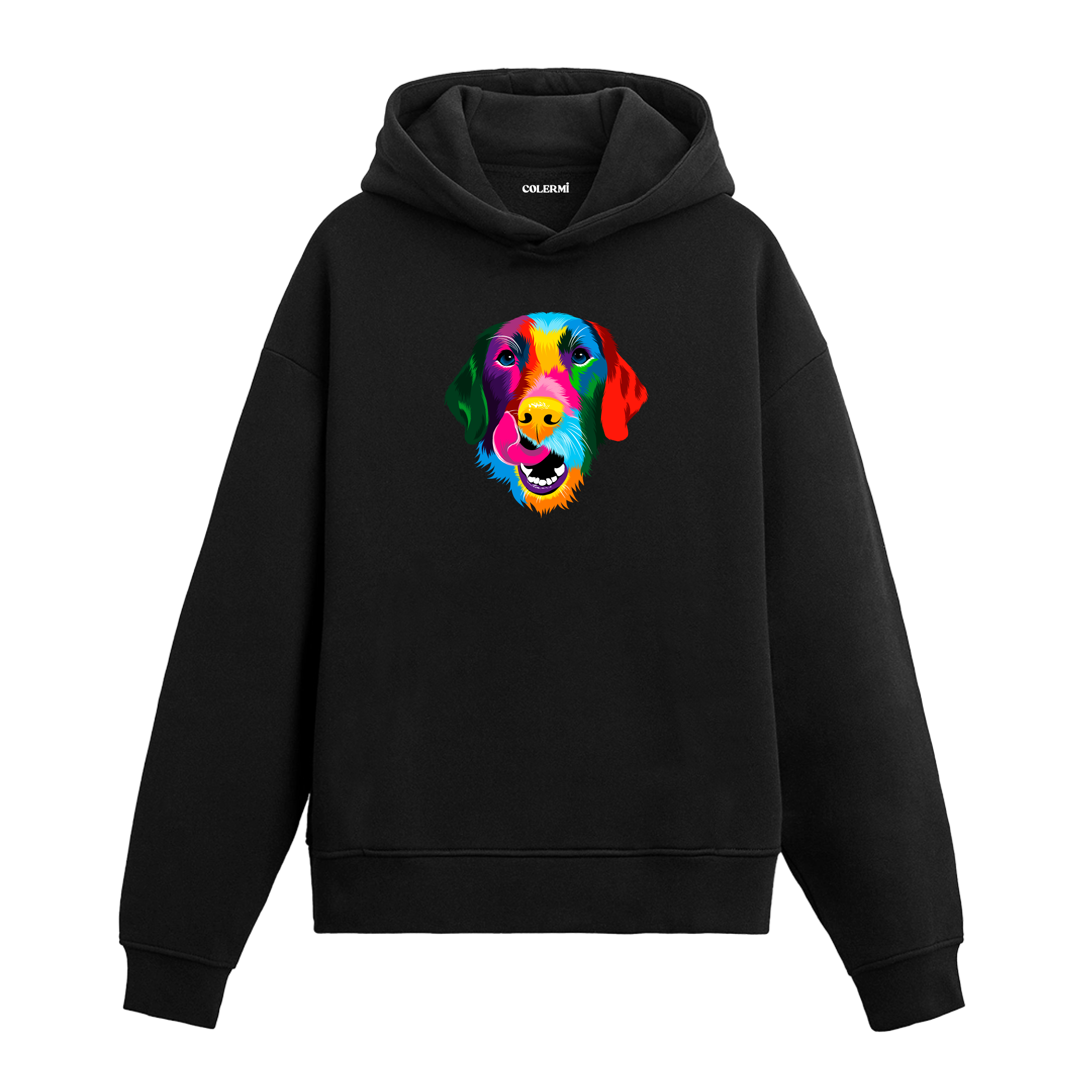Renkli golden retriever baskılı siyah Colermi hoodie