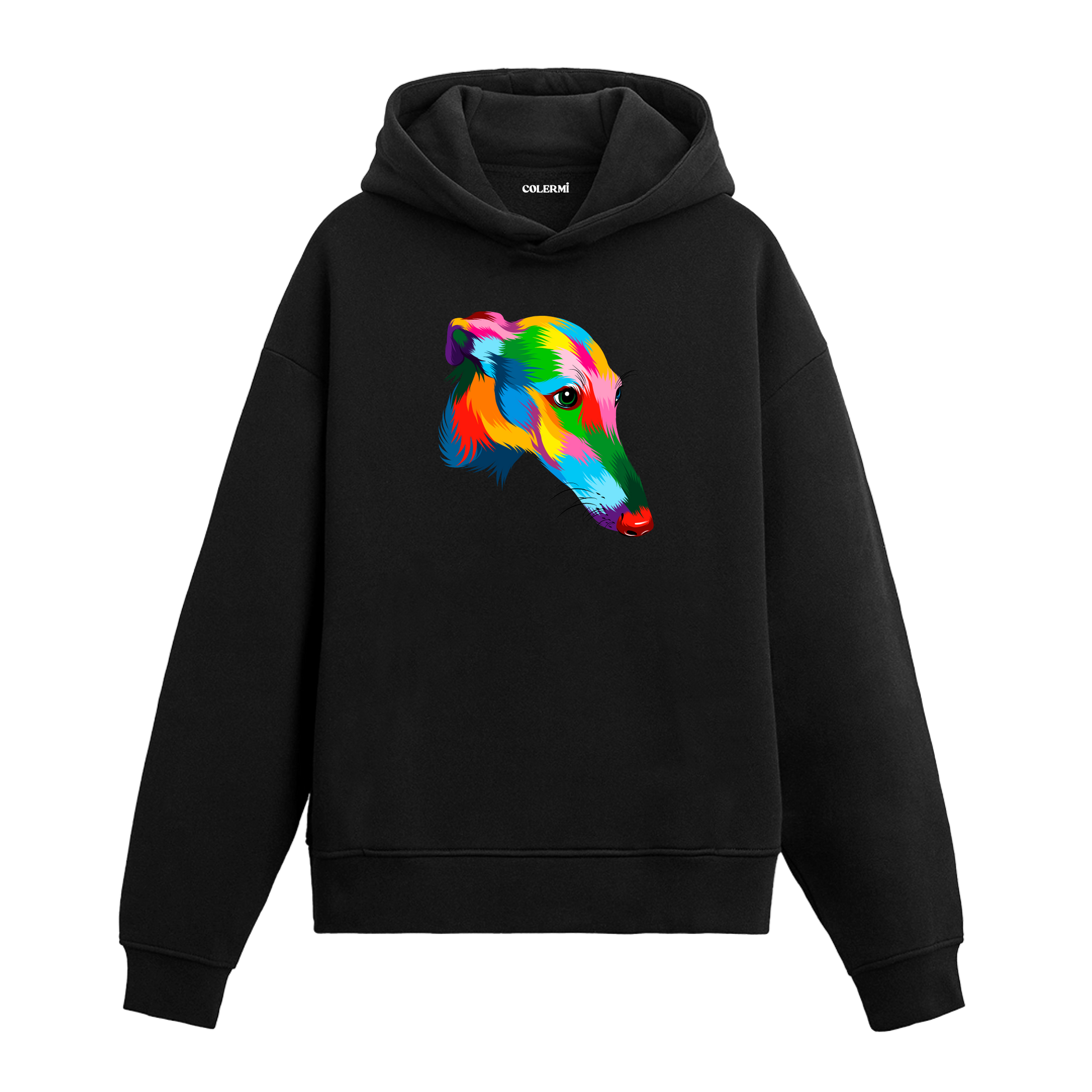 Renkli greyhound baskılı siyah hoodie